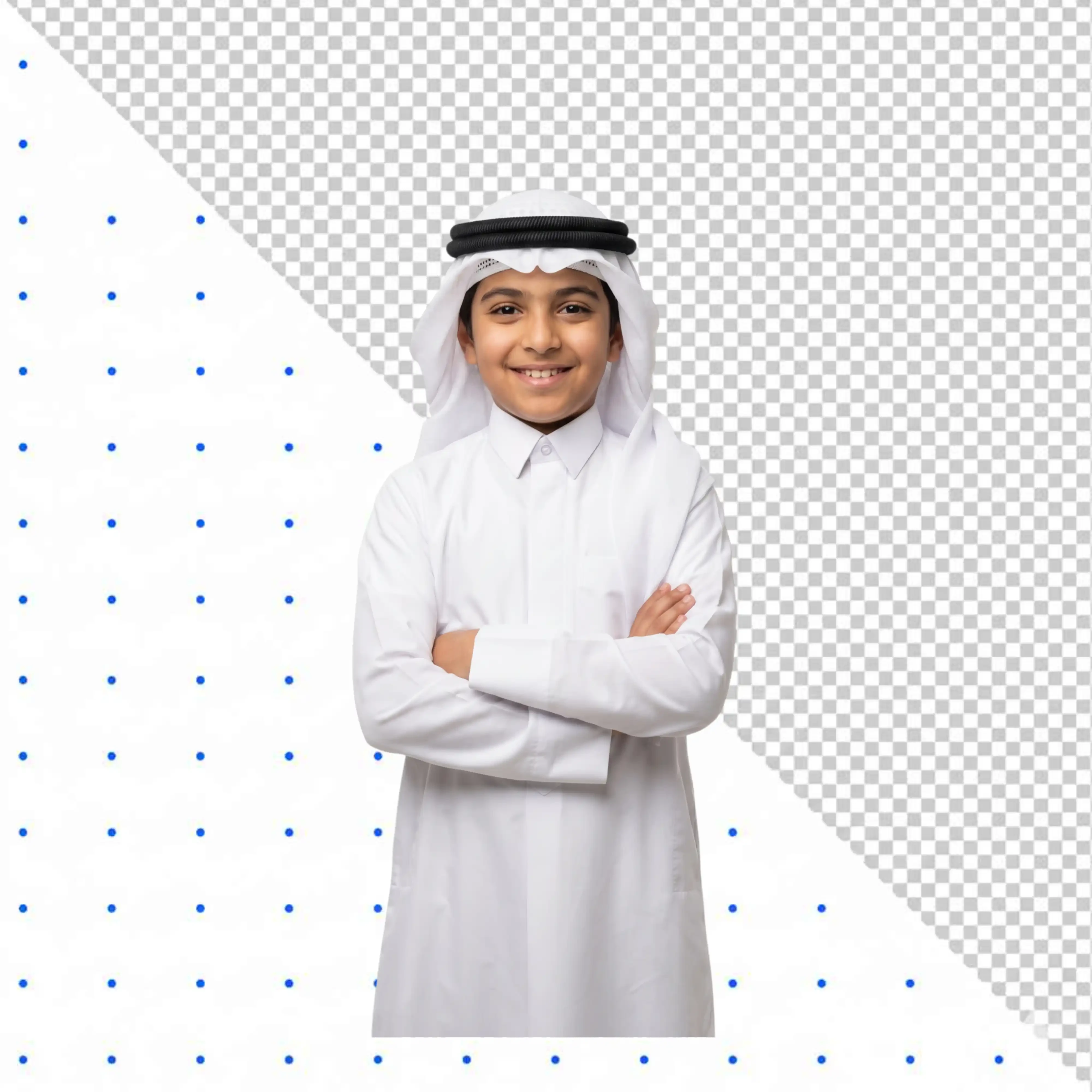 Smiling young Arab boy in traditional white thobe PNG Transparent Background