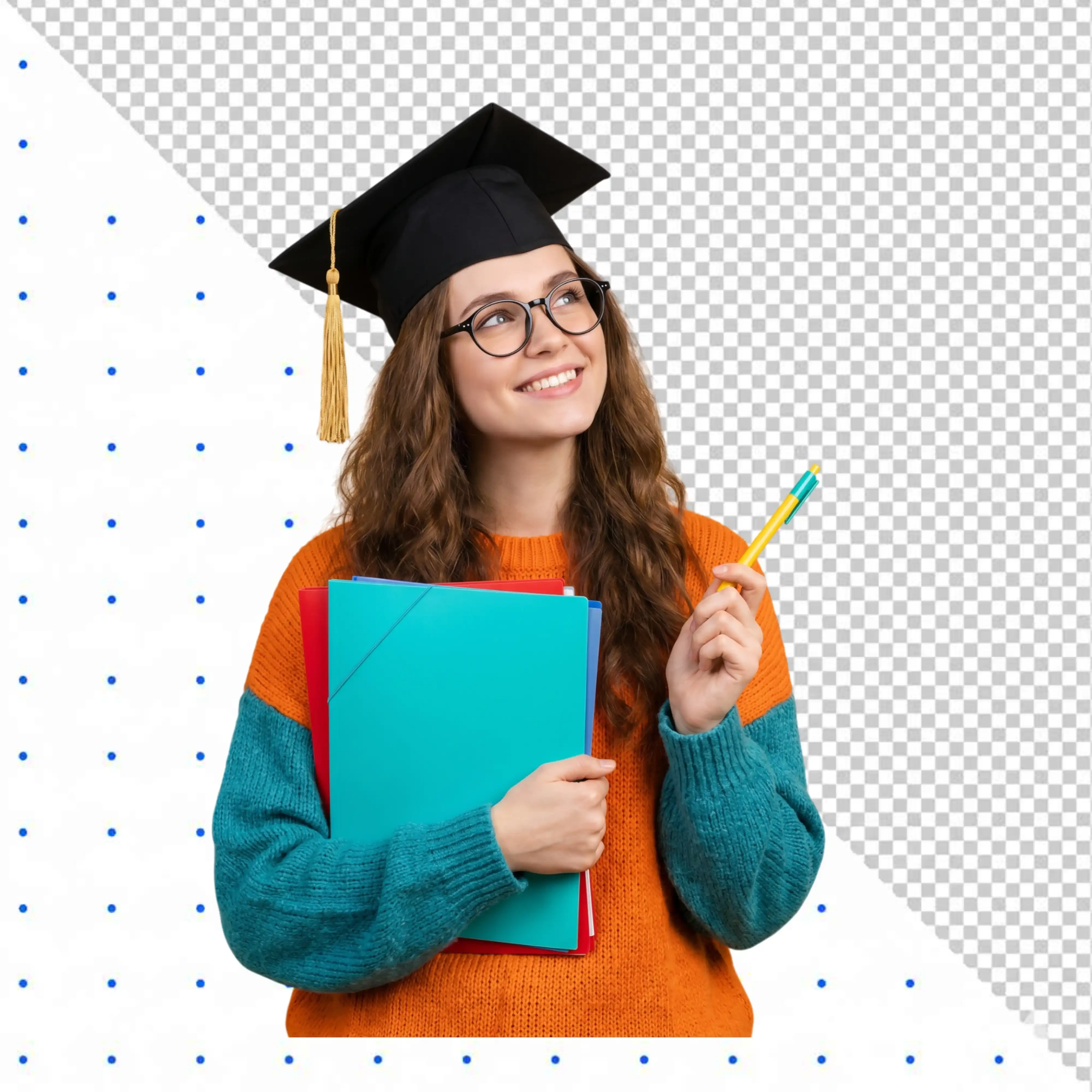 Smiling female graduate in cap holding folders and pen PNG Transparent Background