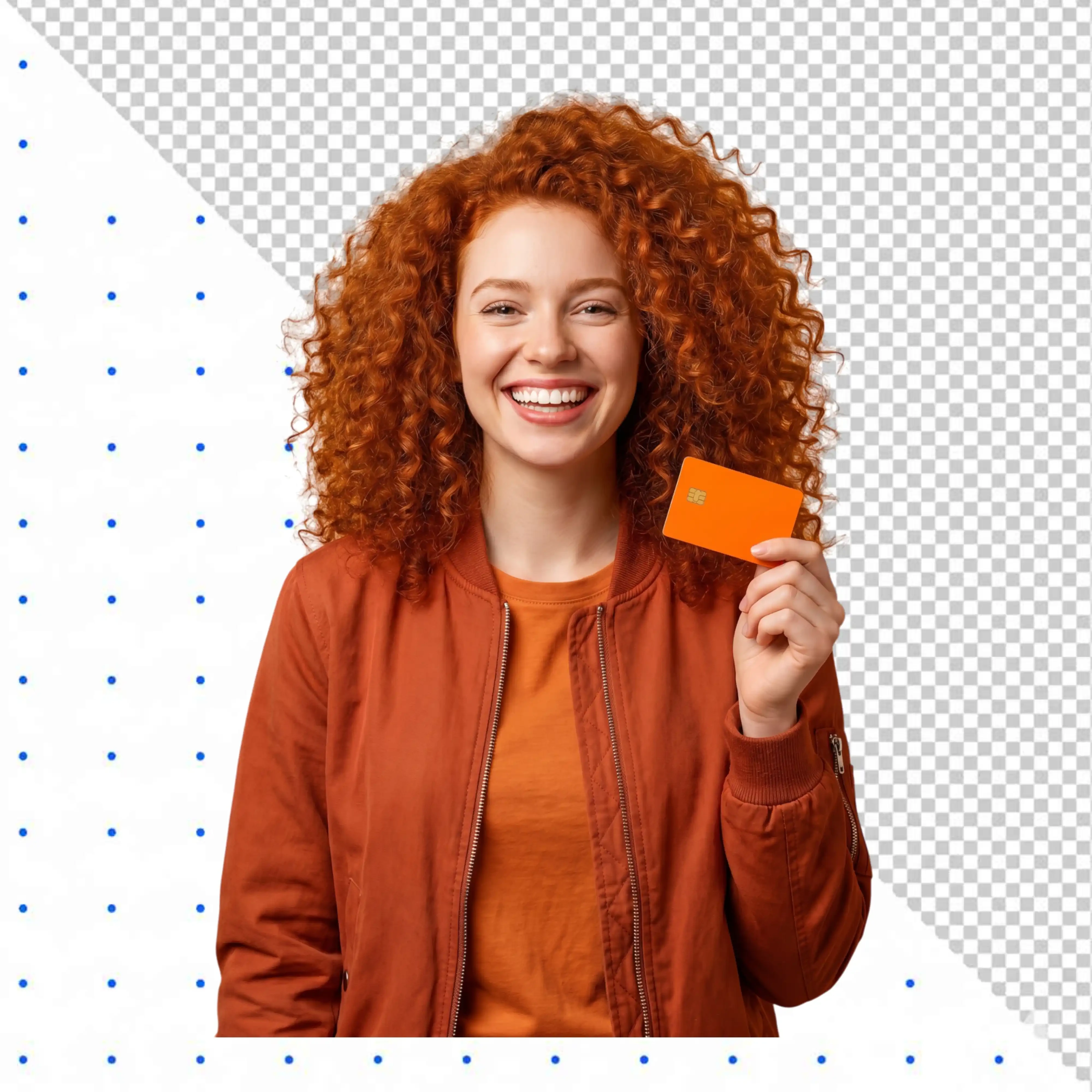 Smiling woman with curly red hair showing orange card PNG Transparent Background