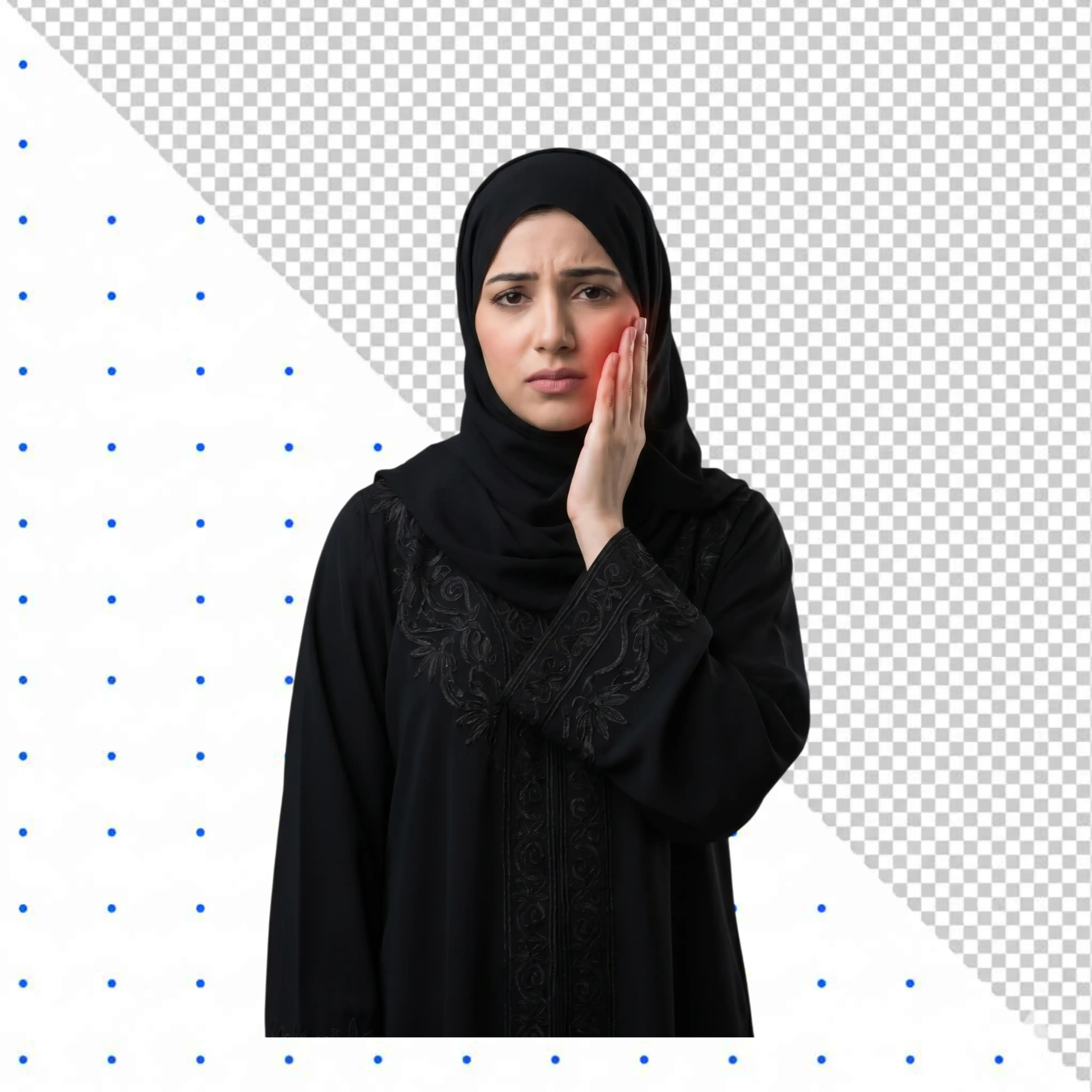 Muslim woman in black hijab suffering from toothache pain PNG Transparent Background