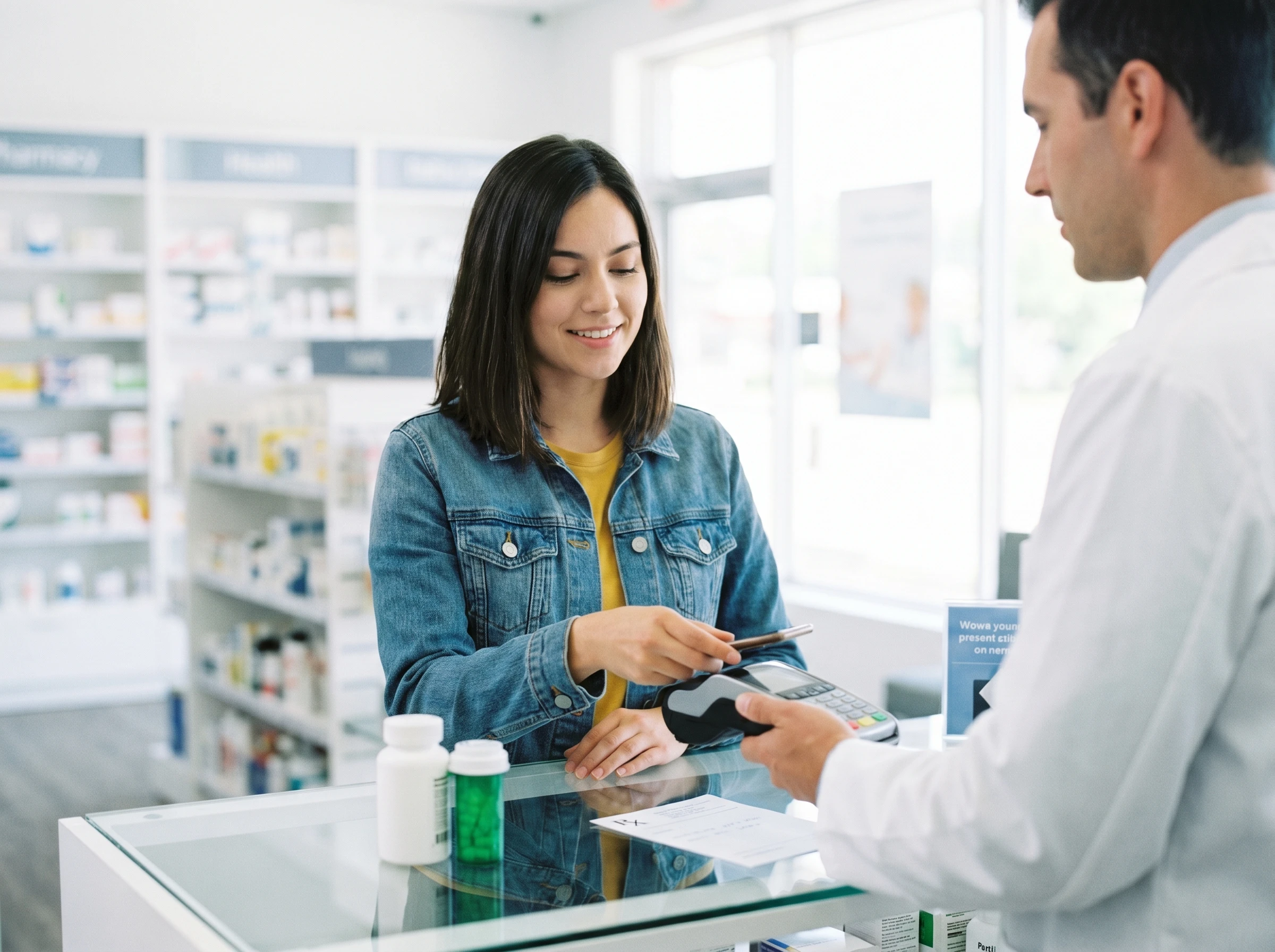 Woman paying for medicine with credit card at pharmacy