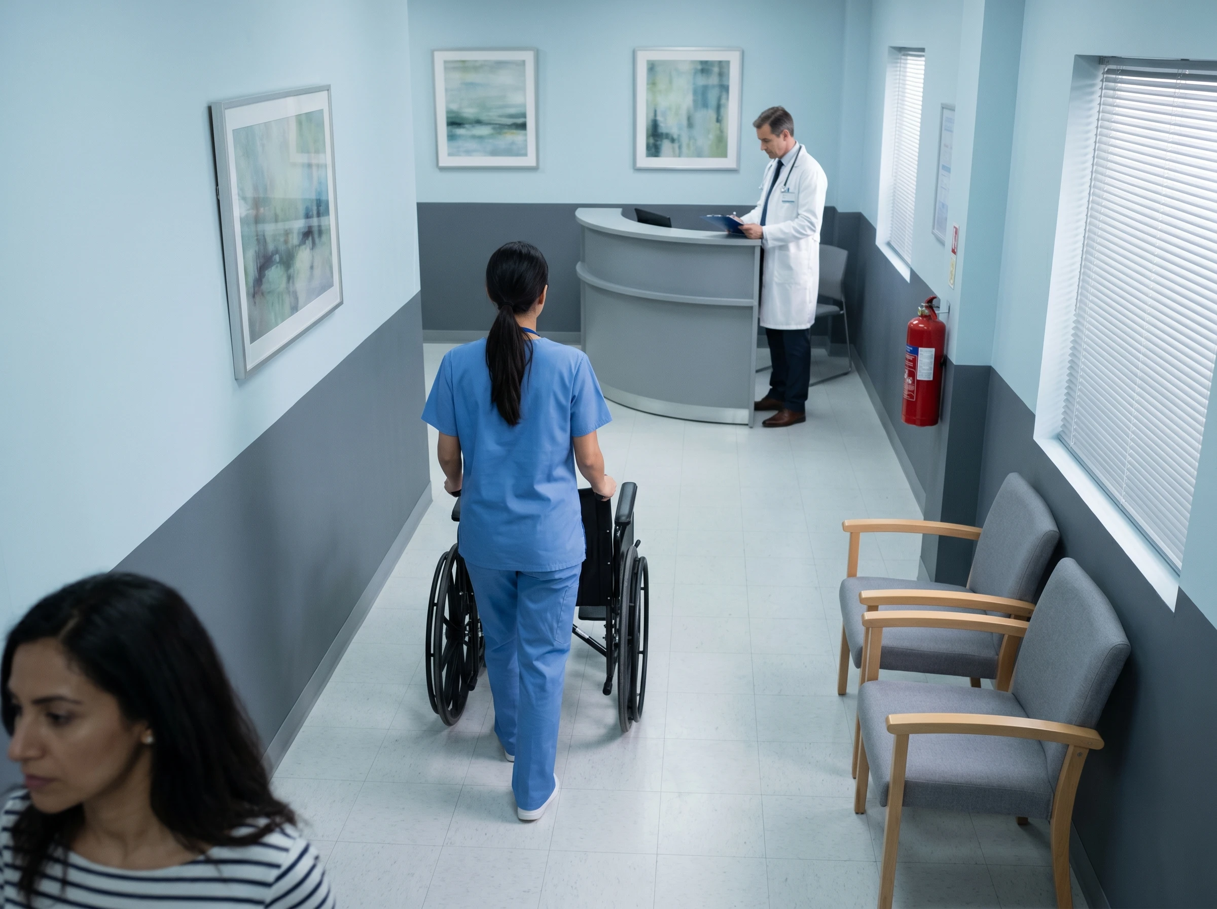 Female nurse pushing empty wheelchair down hospital hallway