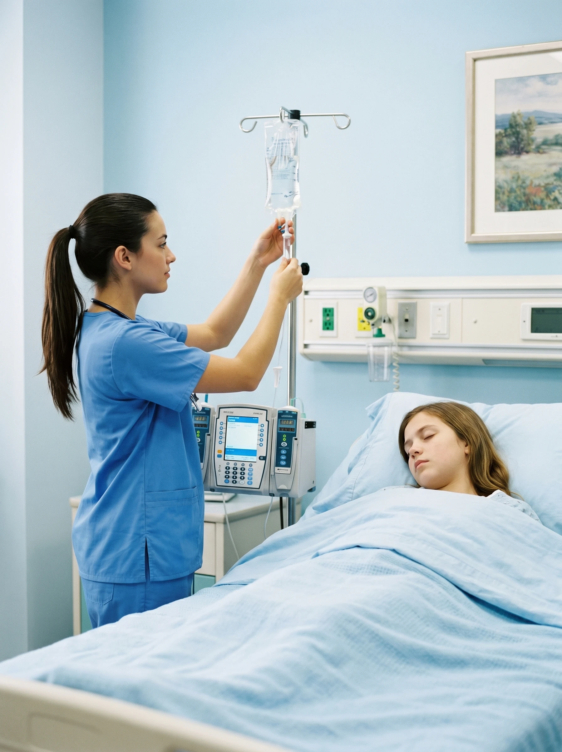 Nurse adjusting IV bag for a young patient in hospital