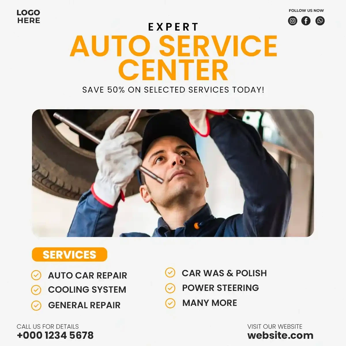 Expert Auto Repair Service Center Social Media Post Editable PSD Template