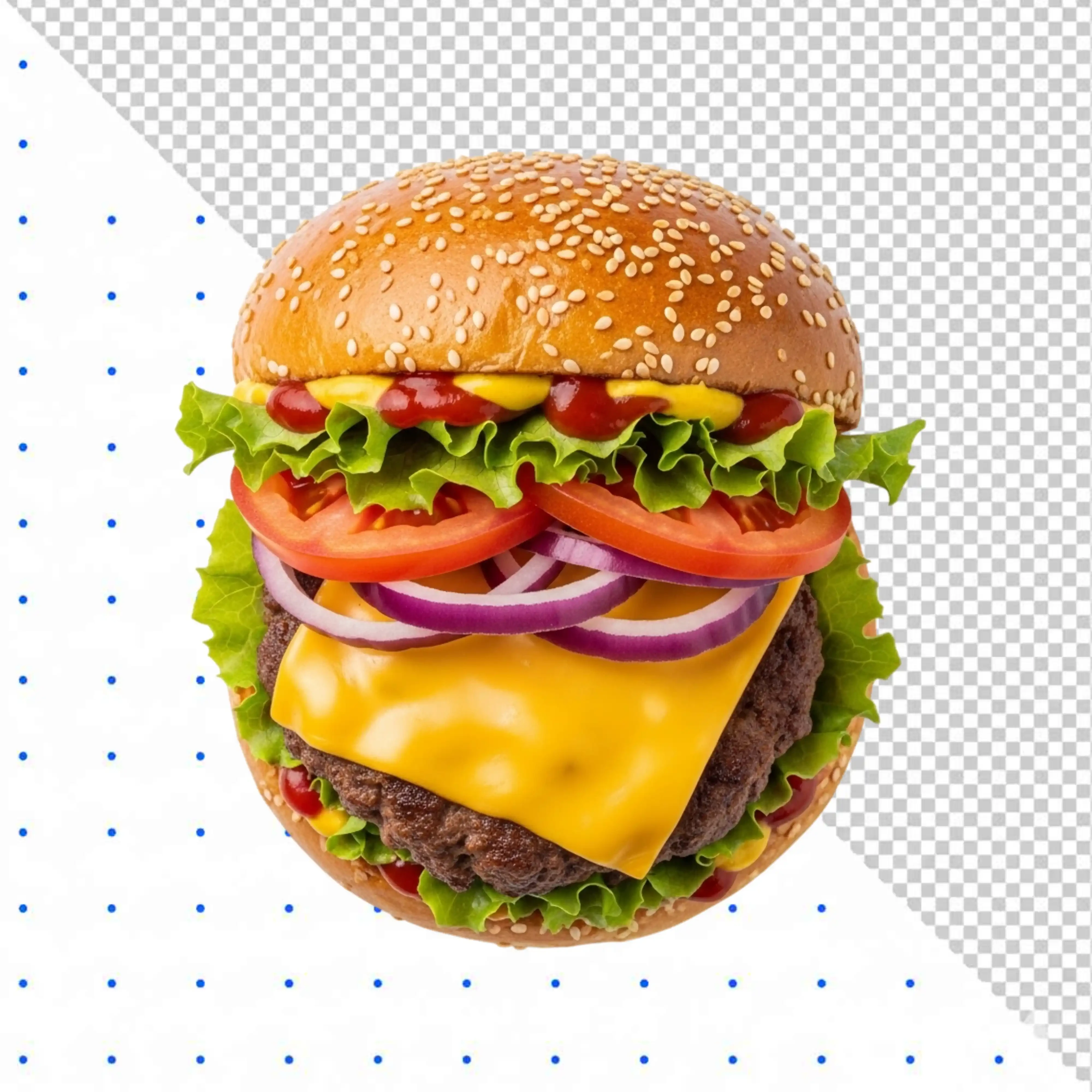Juicy beef cheeseburger with fresh vegetables on black background PNG Transparent Background