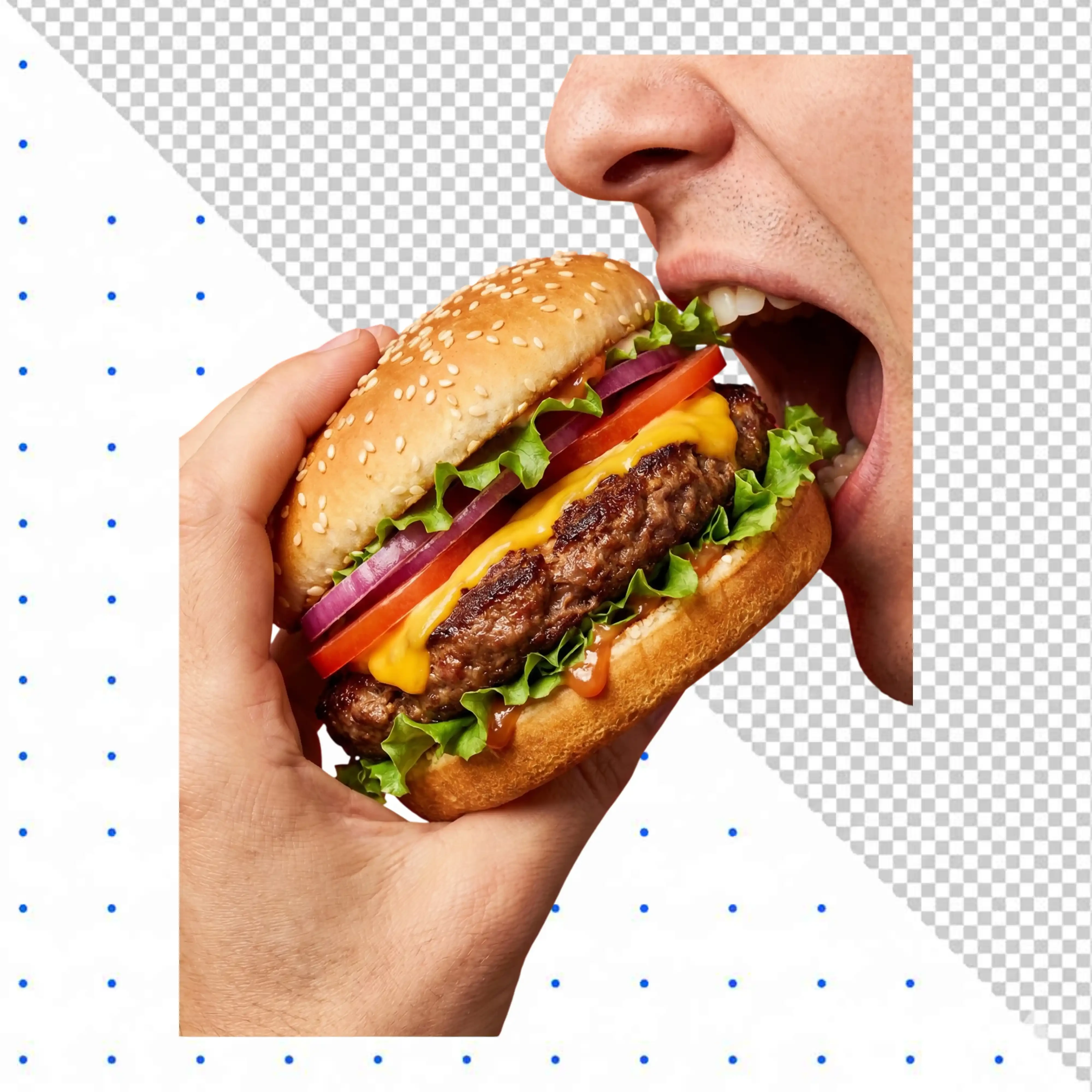 Man about to bite into a fresh juicy cheeseburger PNG Transparent Background