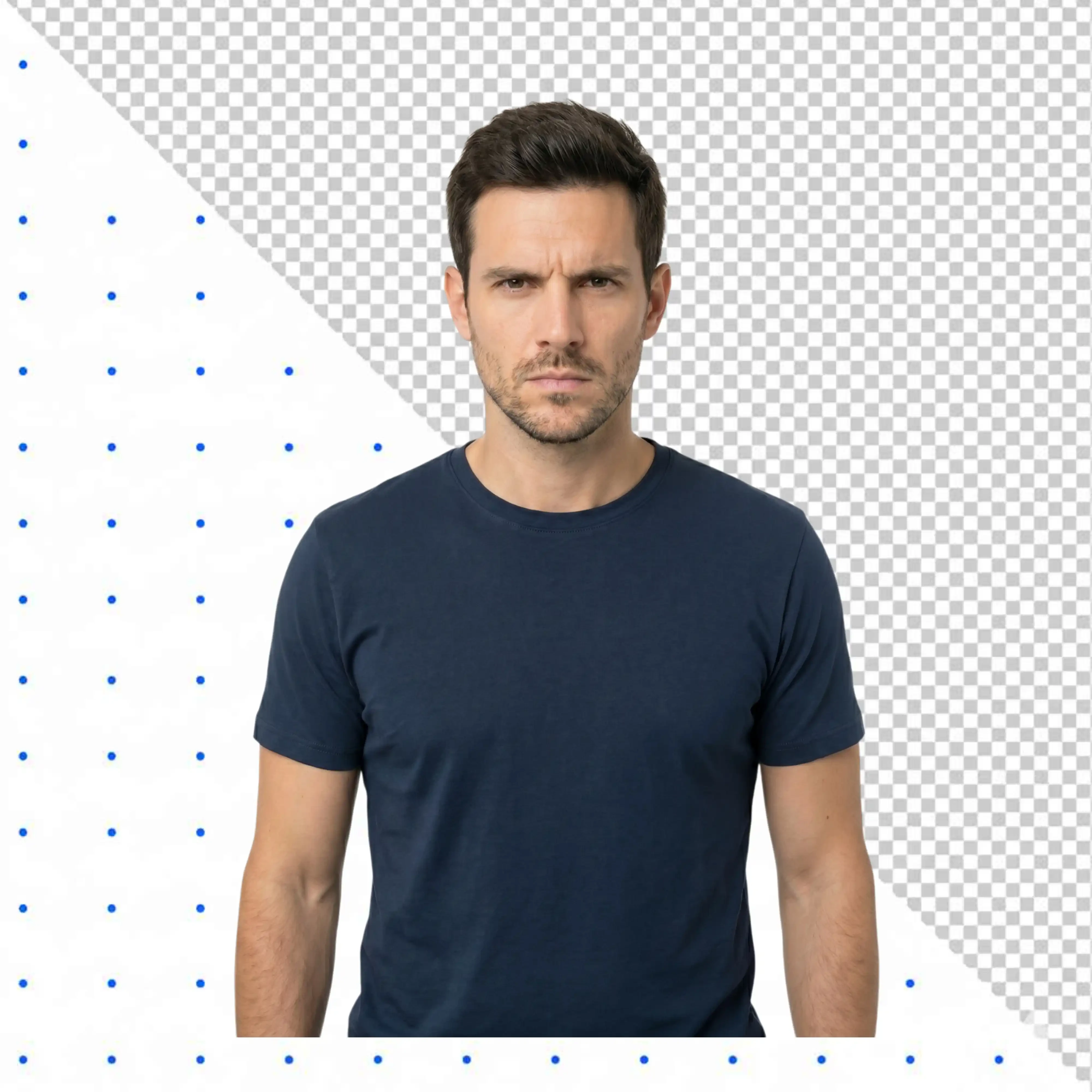Portrait of a serious man in navy blue t-shirt PNG Transparent Background