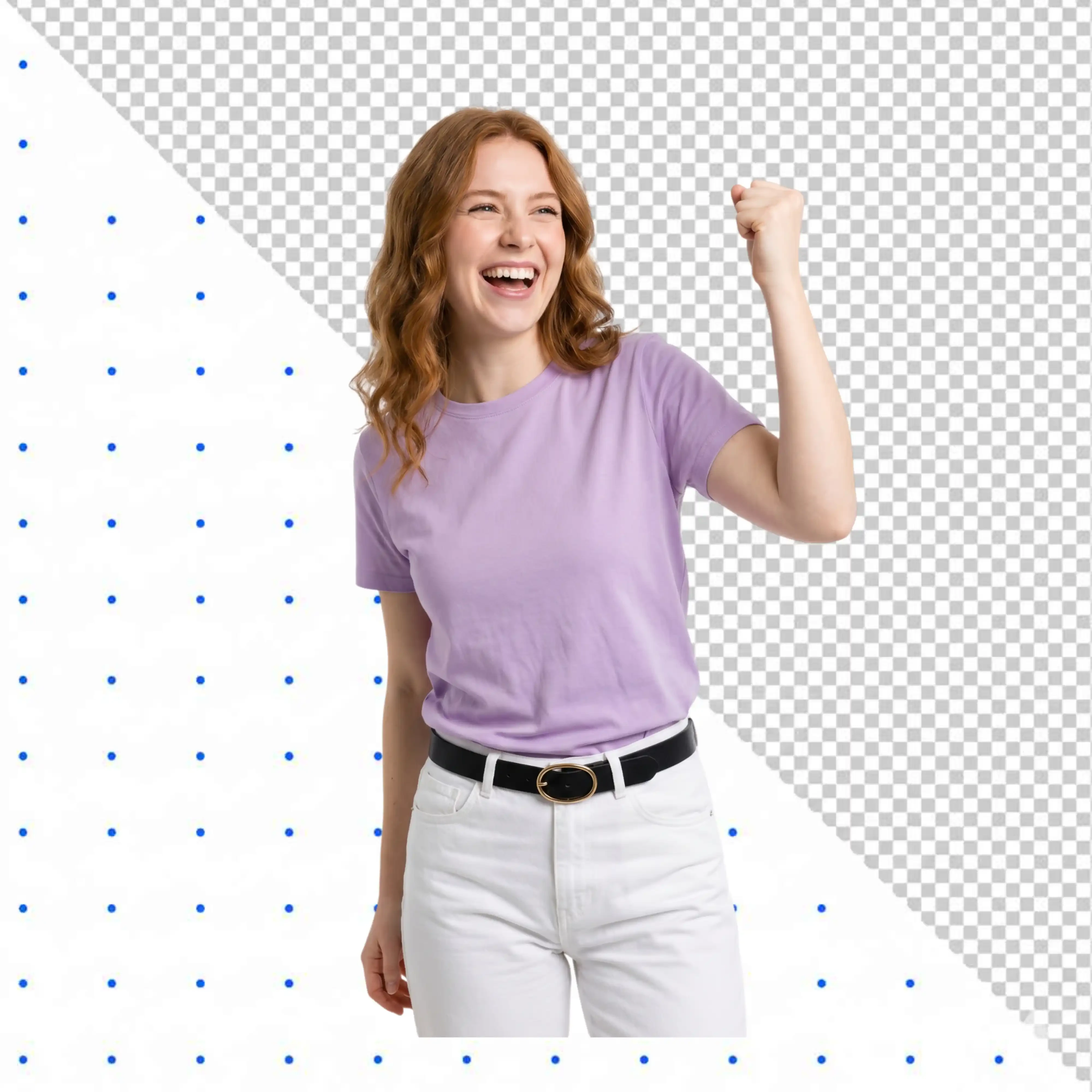 Cheerful redhead woman in purple t-shirt celebrating success PNG Transparent Background
