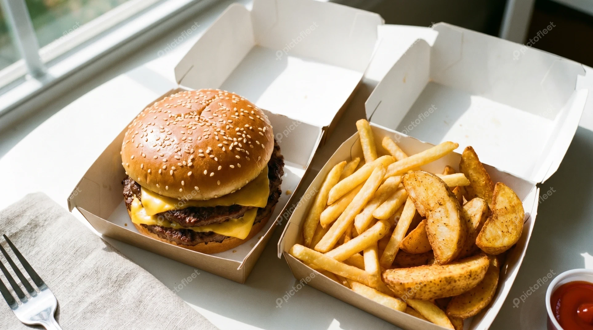 Double cheeseburger and french fries in takeaway cardboard boxes