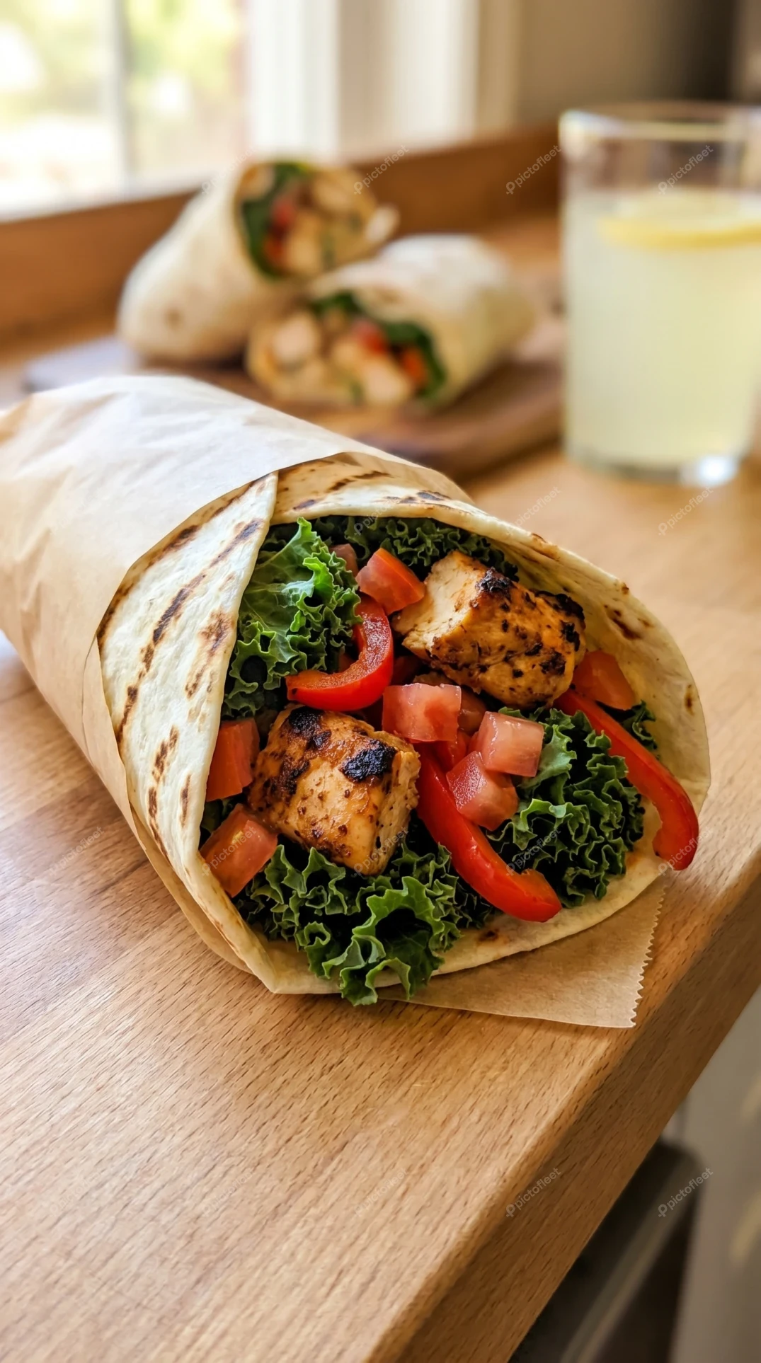 Grilled chicken wrap with kale and tomatoes on wooden table