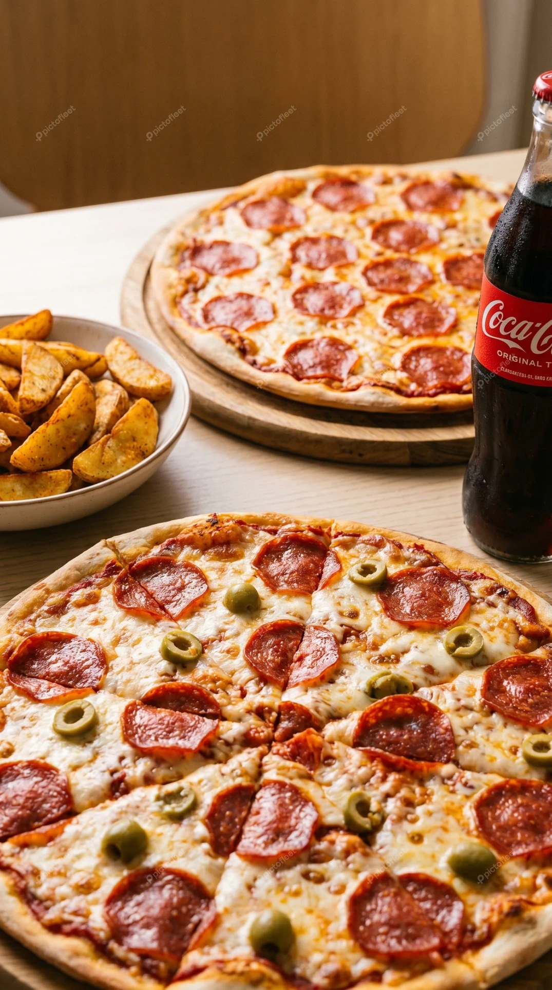 Two pepperoni pizzas with potato wedges and a cola