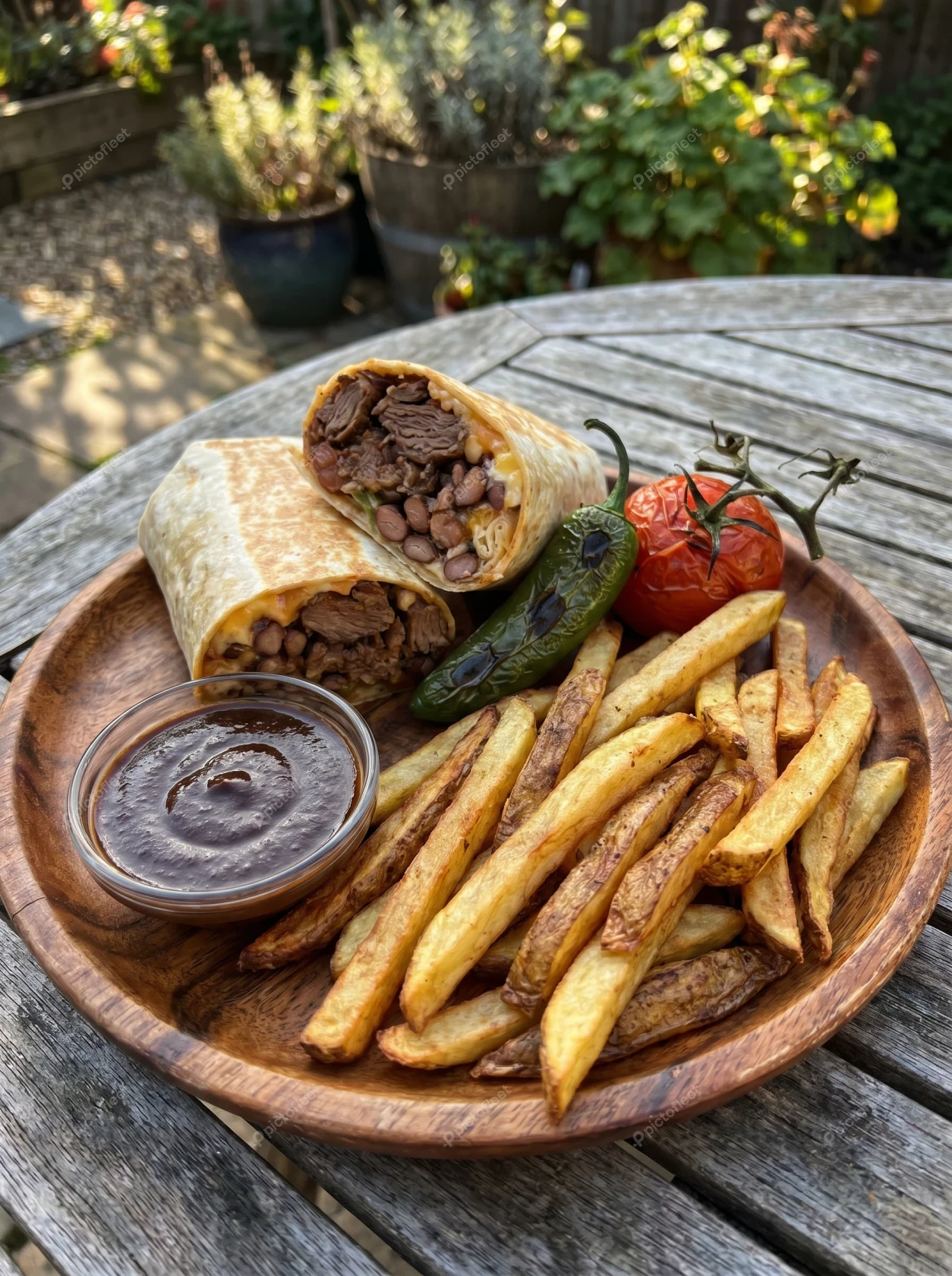 Beef and bean burrito with french fries and dipping sauce
