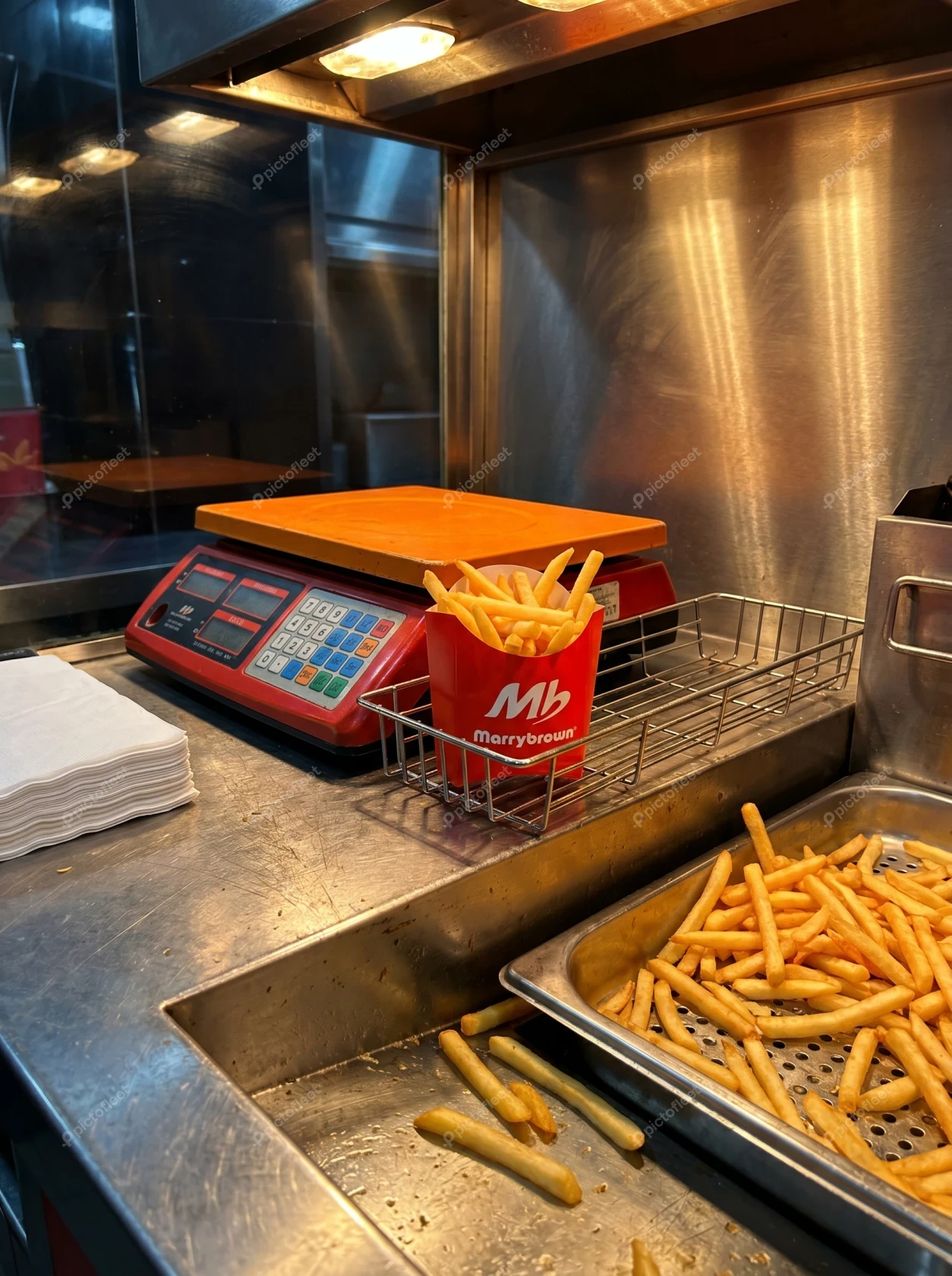 French fries in a container at a fast food kitchen