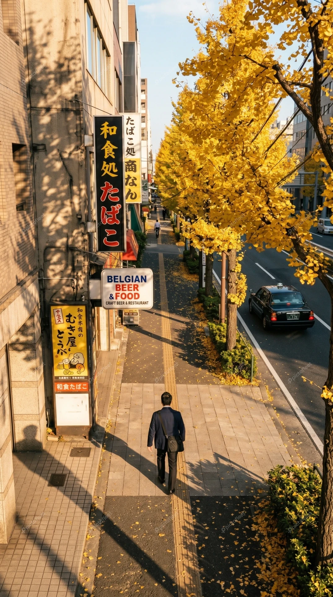 Businessman walking on city sidewalk with yellow autumn ginkgo trees
