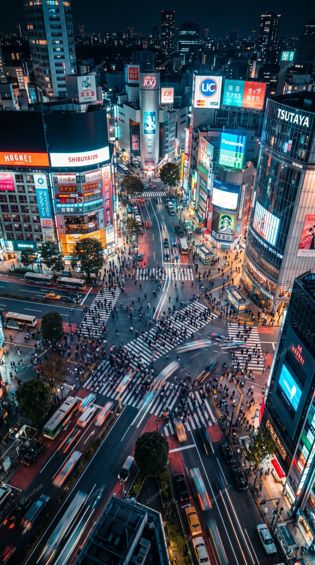 Aerial view of Shibuya Crossing in Tokyo at night