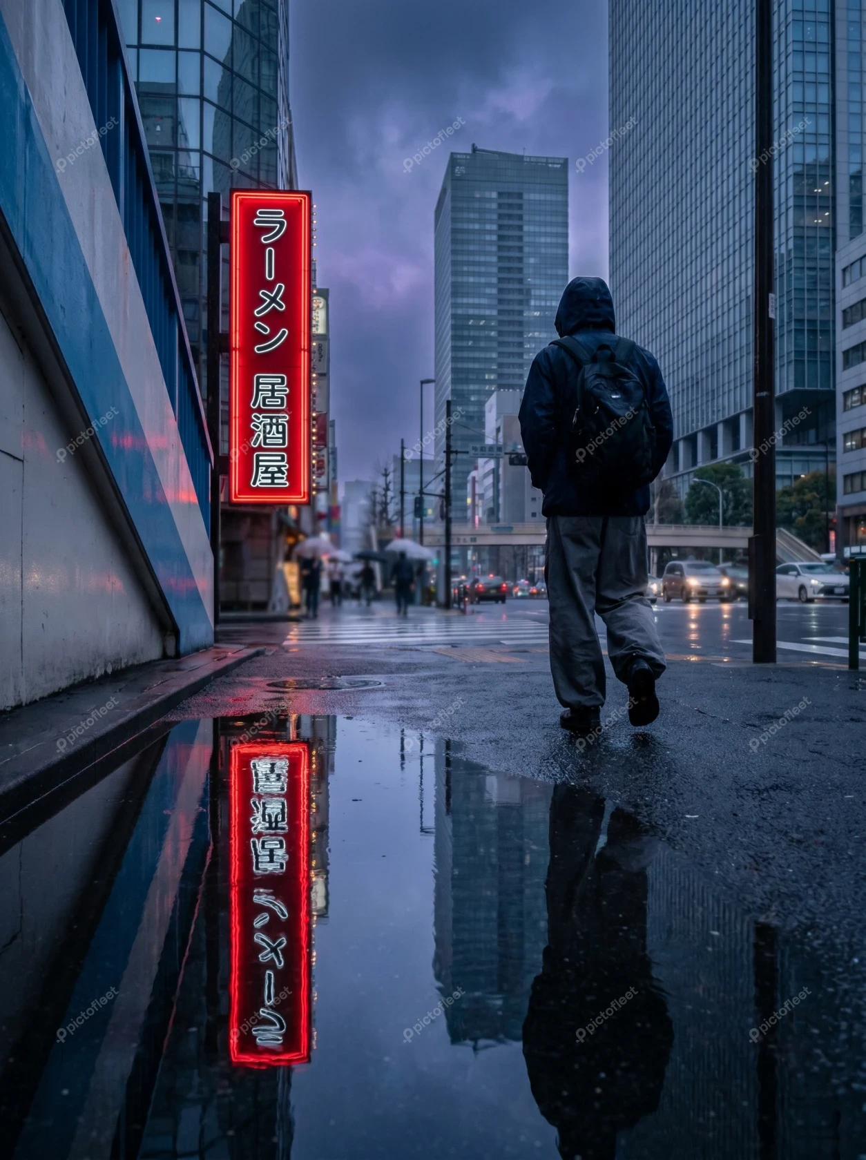 Man walking past neon sign on rainy Tokyo street