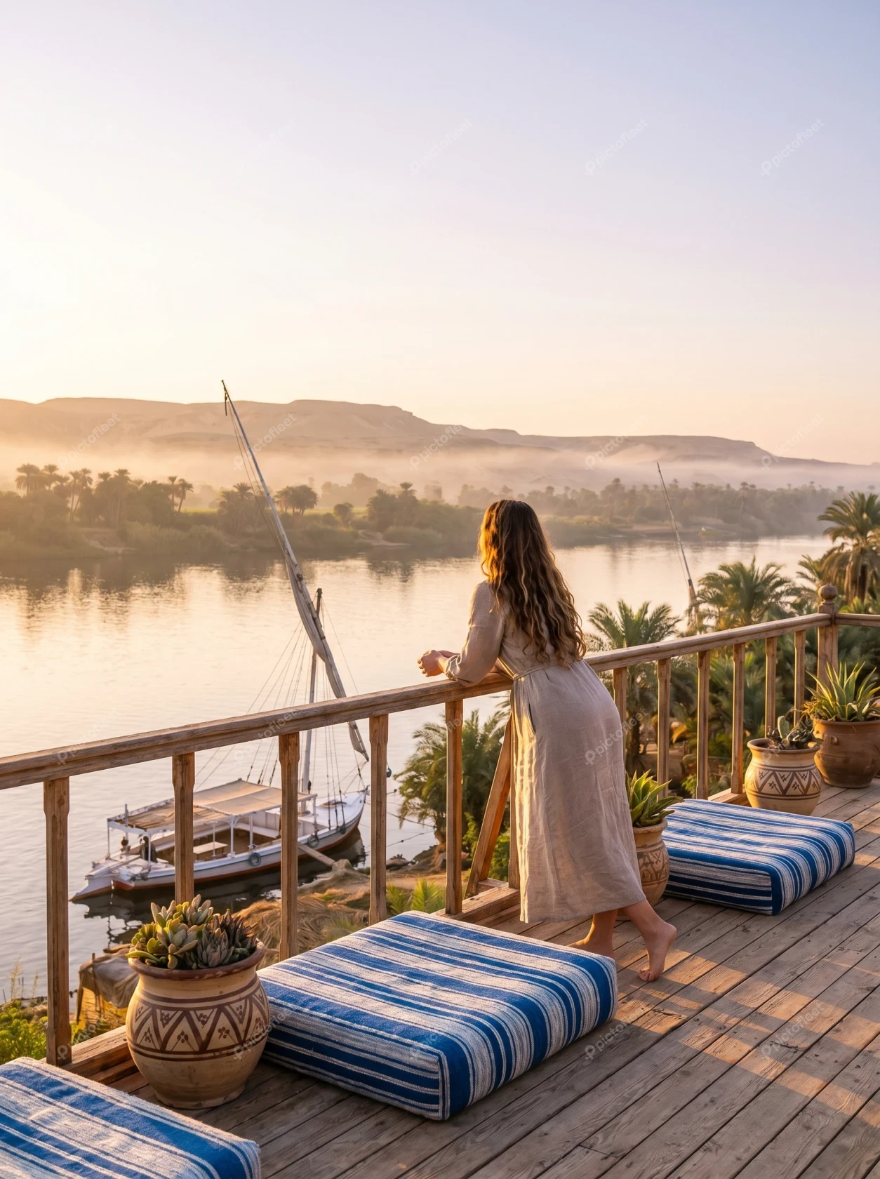 Woman on wooden balcony overlooking the Nile River at sunrise