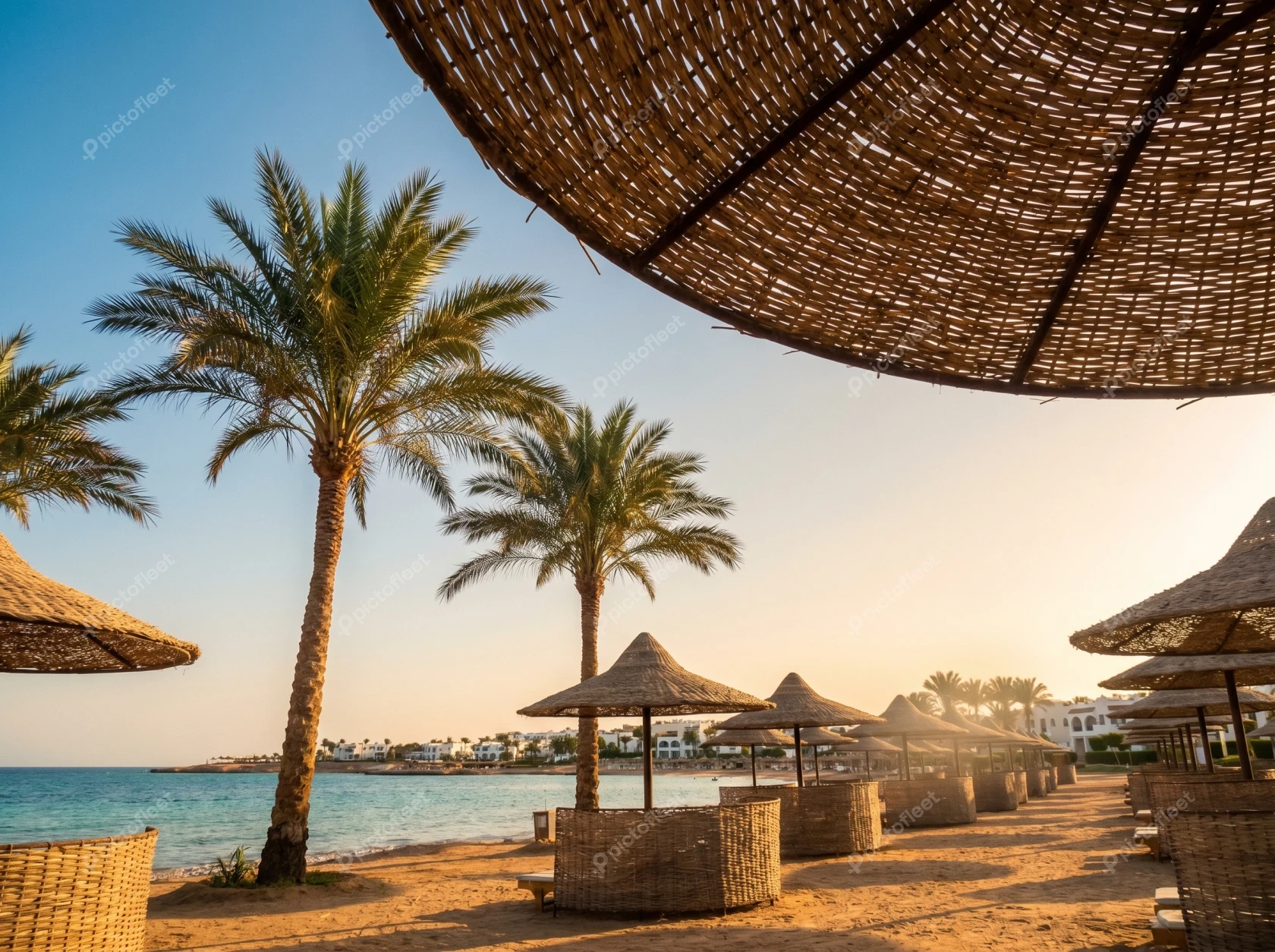 Tropical beach resort with straw umbrellas and palm trees