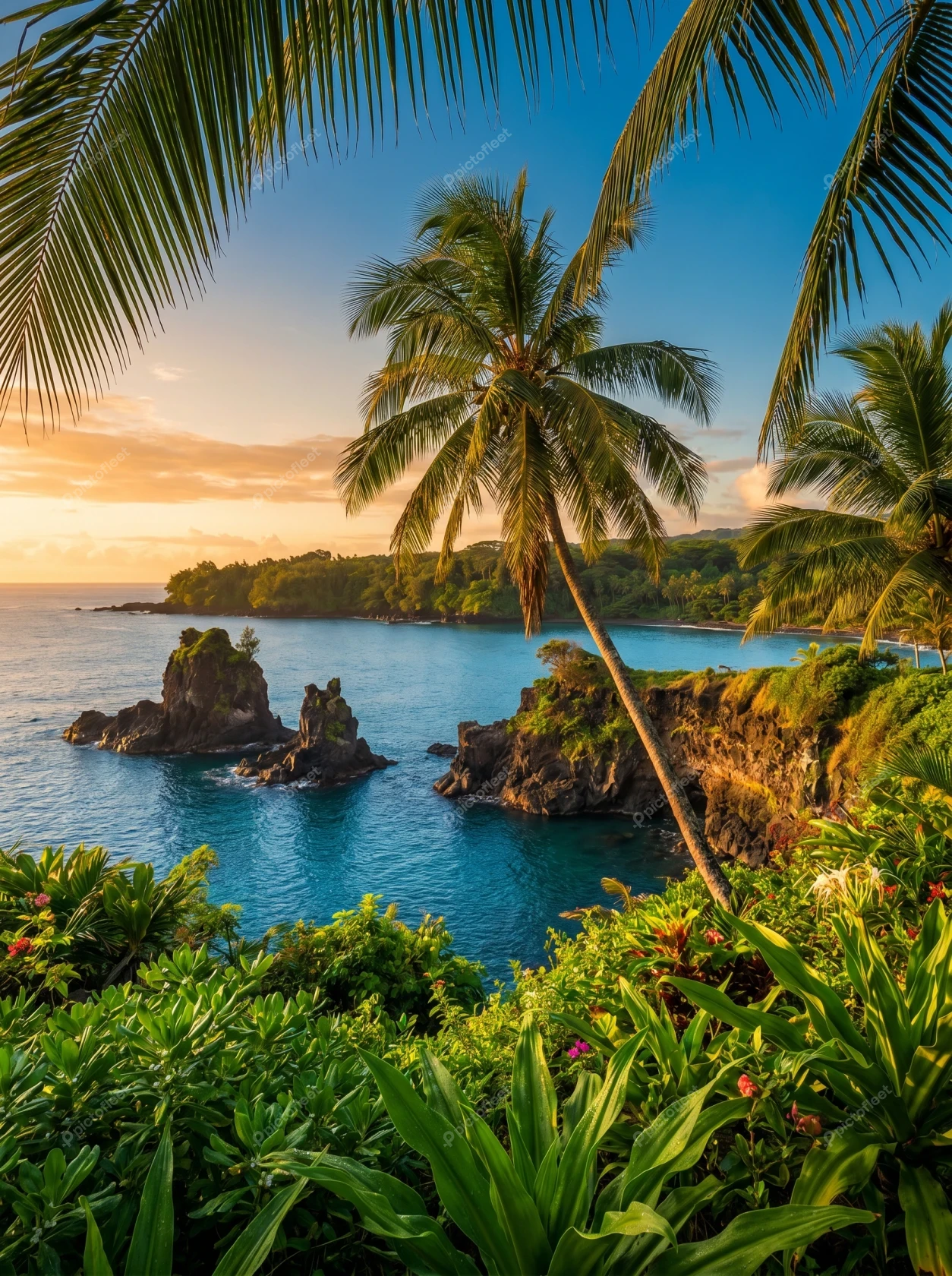 Tropical coastline with palm trees and rocky cliffs at sunset