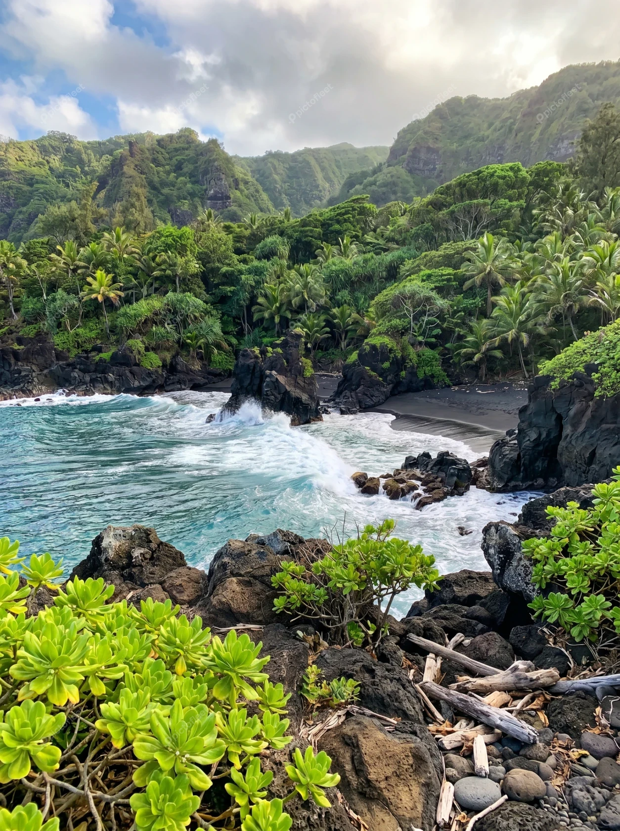 Scenic tropical coastline with black sand beach and lush mountains