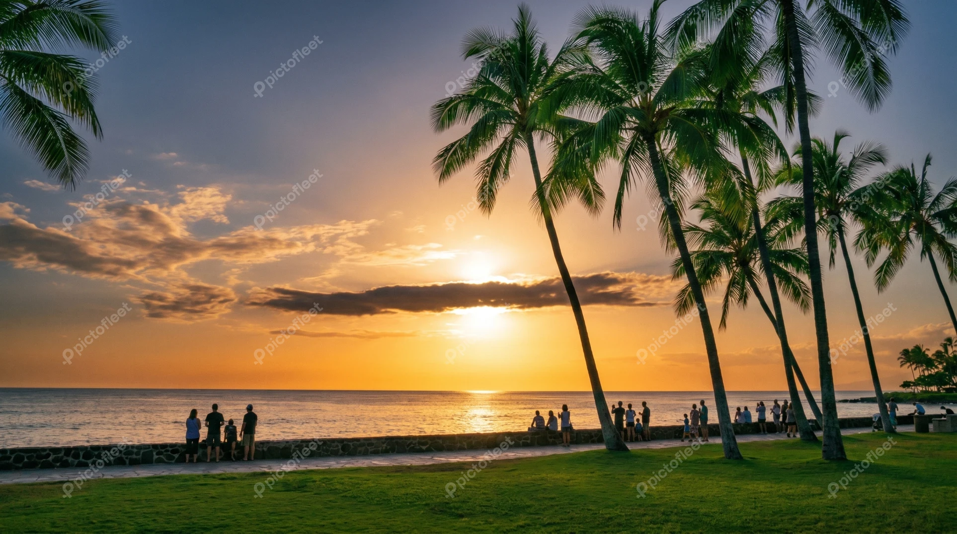 Golden sunset over ocean with silhouettes of palm trees