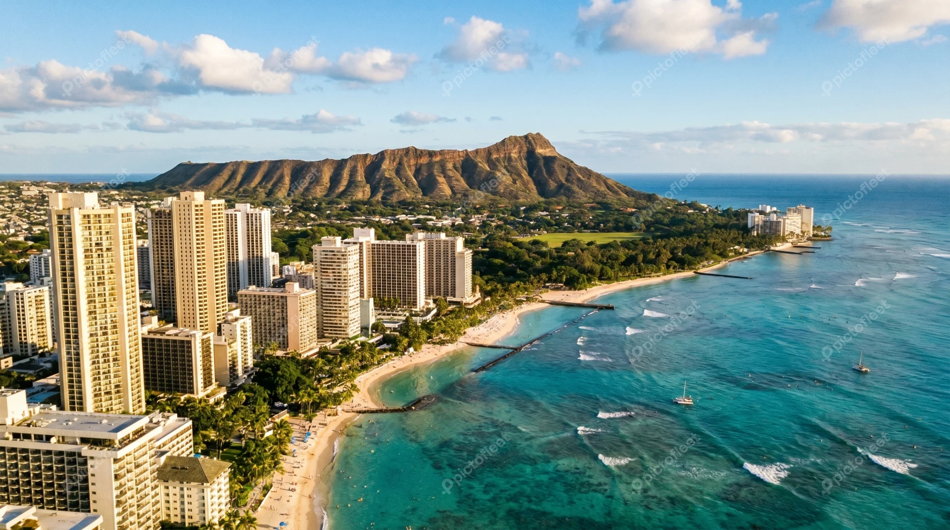 Aerial view of Waikiki Beach and Diamond Head in Honolulu