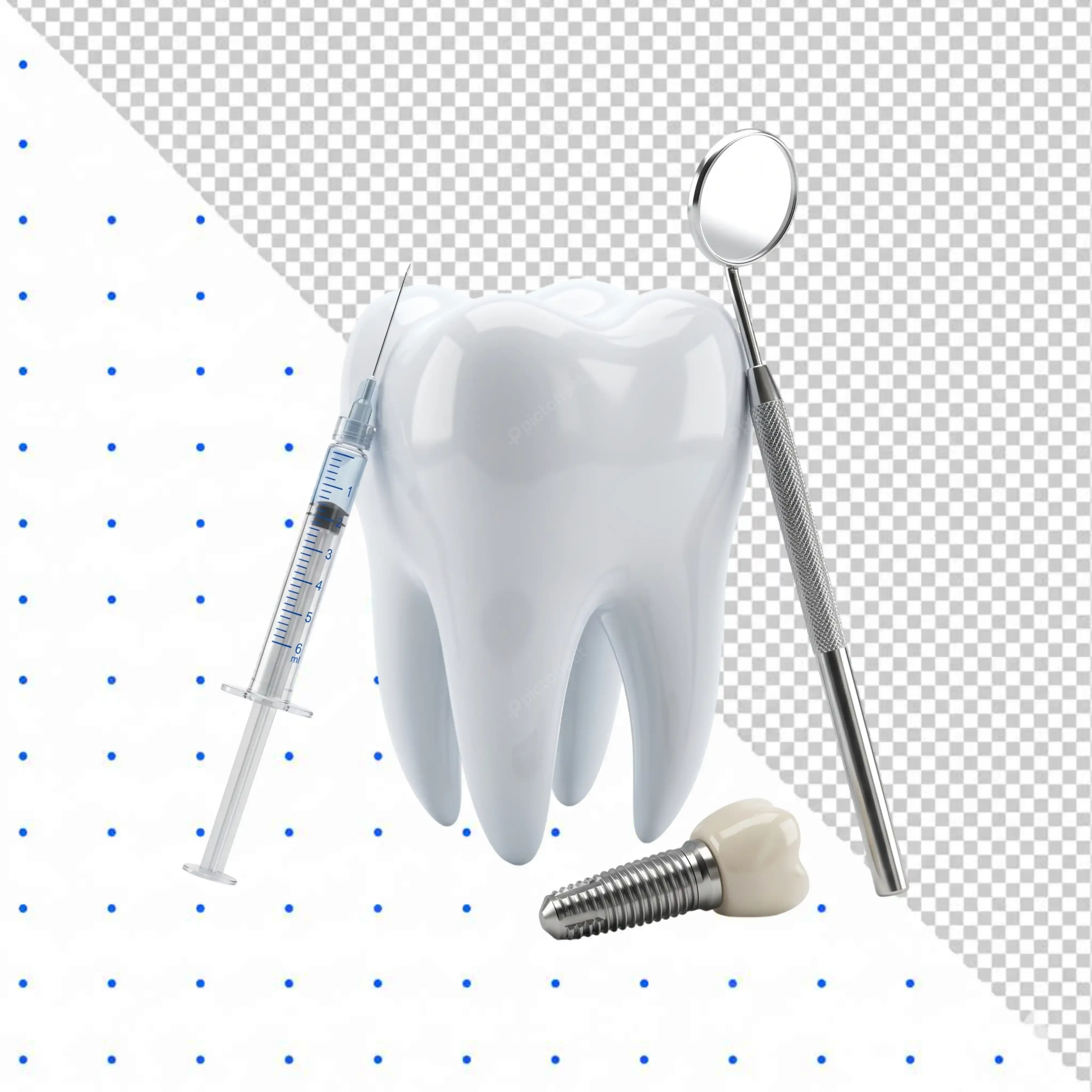 White tooth model with dental mirror syringe and implant PNG Transparent Background
