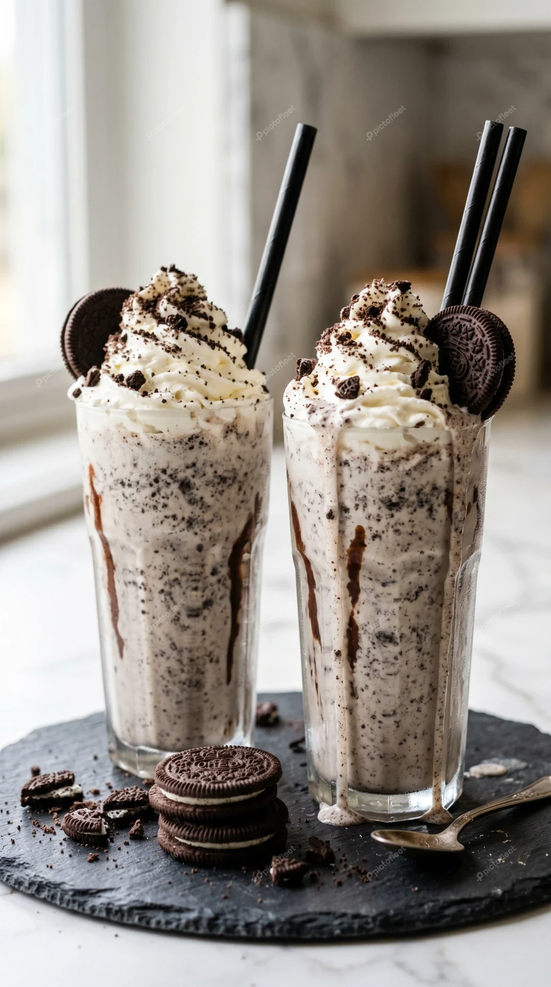Two cookies and cream milkshakes topped with whipped cream