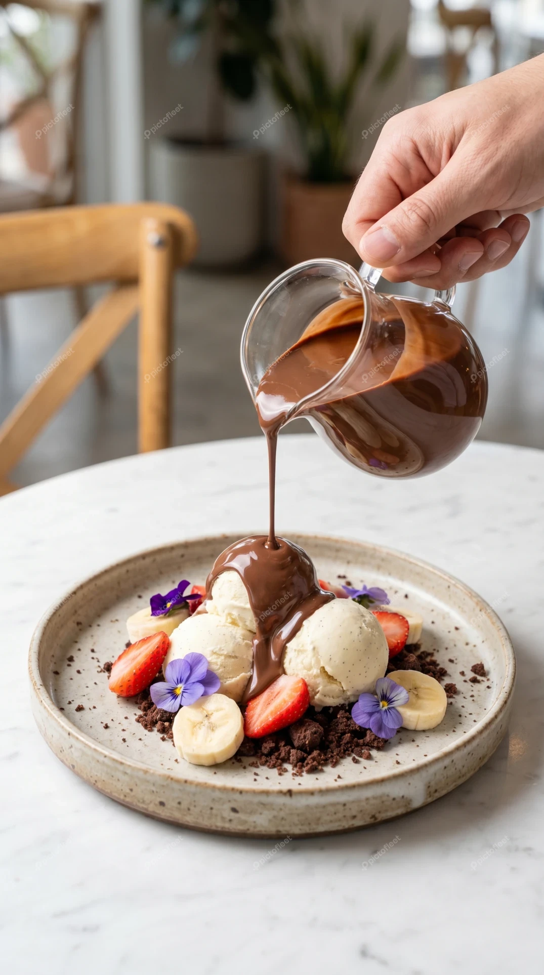 Pouring chocolate sauce over vanilla ice cream and fresh fruit