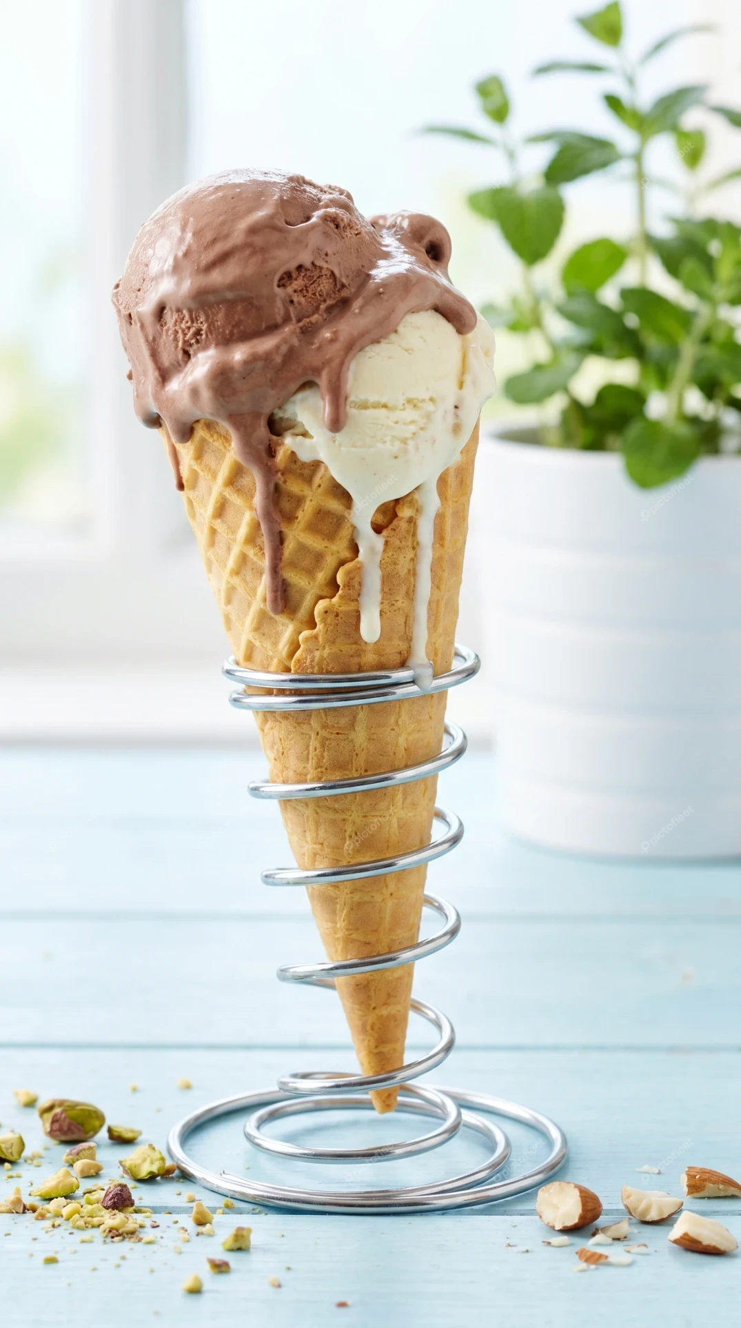 Melting chocolate and vanilla ice cream in a waffle cone