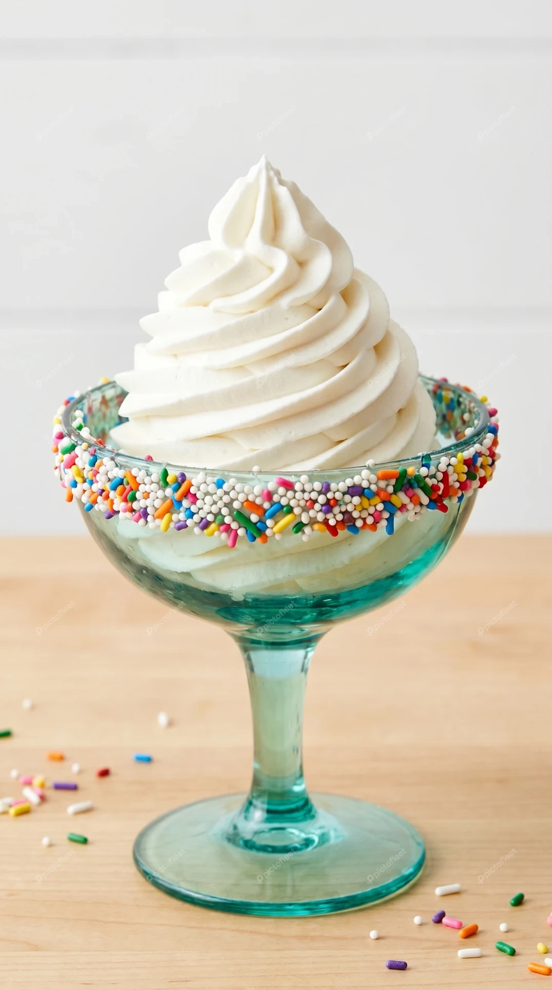 Whipped cream dessert in a glass with rainbow sprinkles