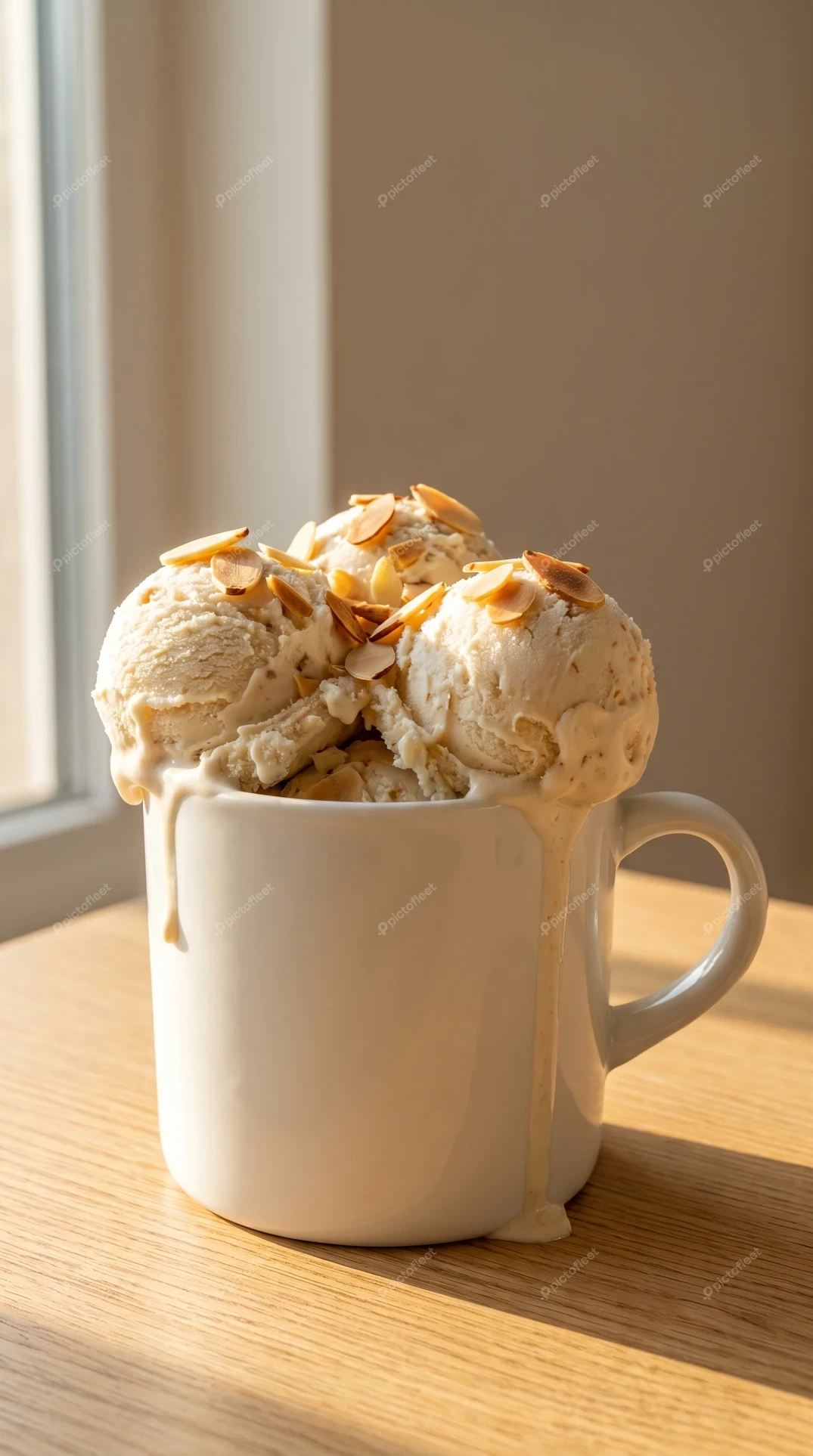 Ice cream scoops with almond flakes in a white mug