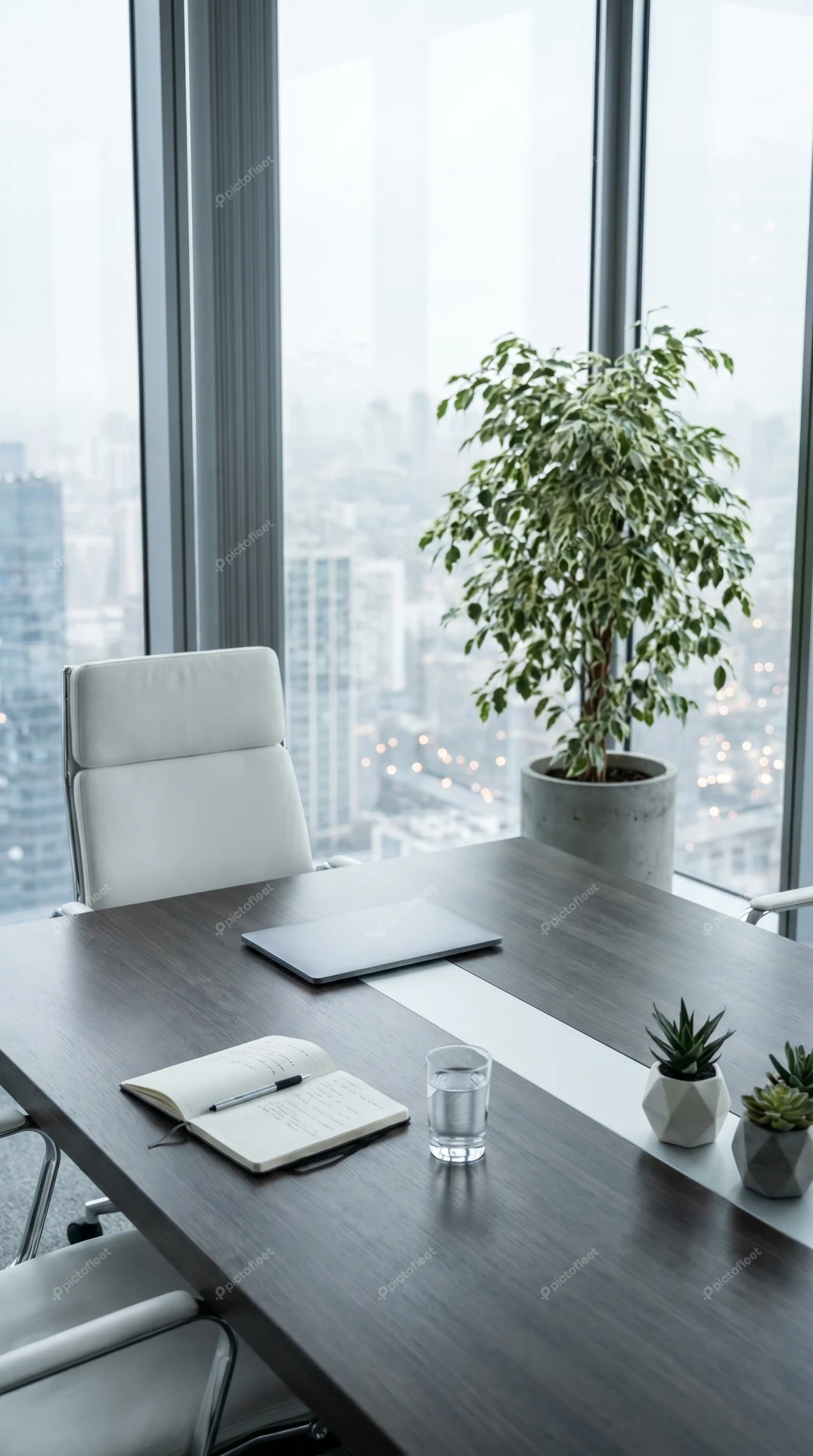Modern boardroom overlooking city skyline with minimalist decor