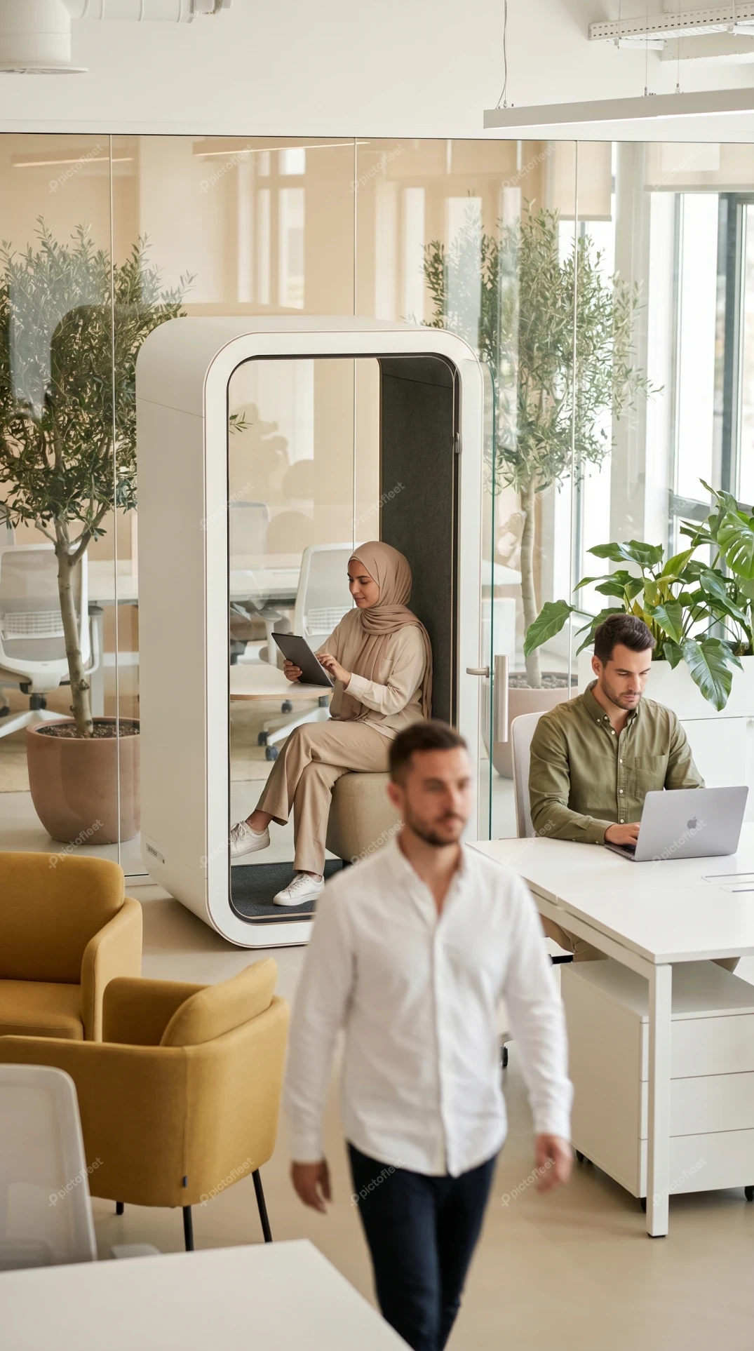 Diverse professionals working in a modern open-plan office space