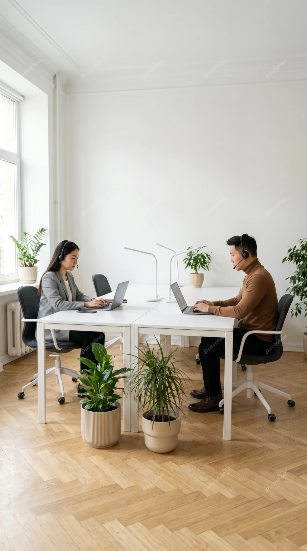 Two professionals with headsets working on laptops in modern office