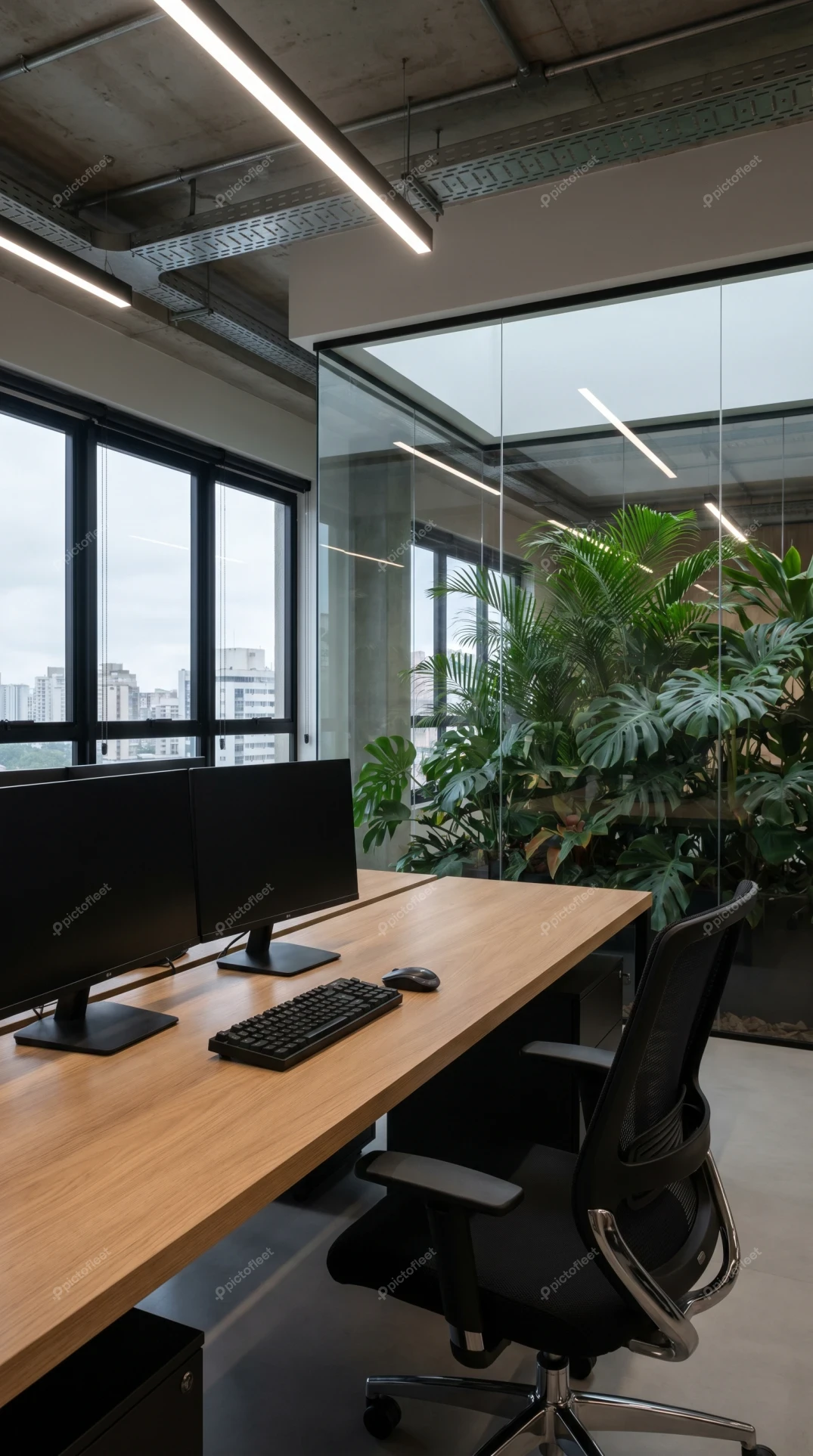 Modern industrial office interior with wooden desk and greenery