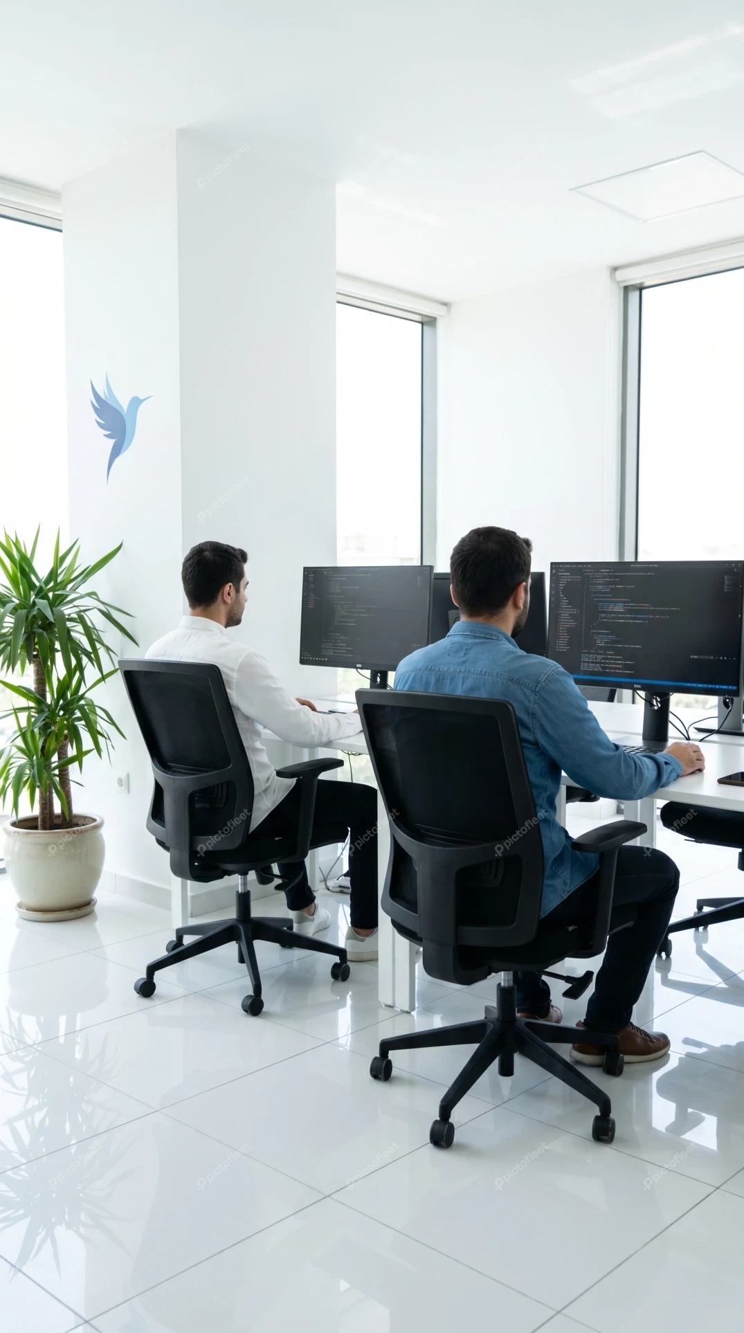 Software developers working at computer workstations in modern bright office
