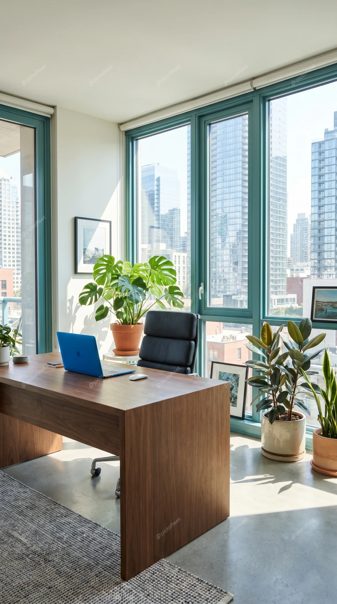 Modern home office with city view and indoor plants