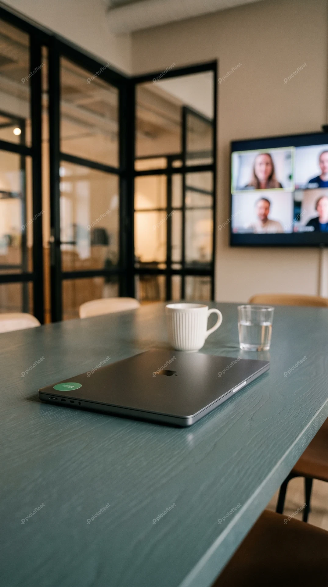 Closed laptop and coffee on boardroom table during video call