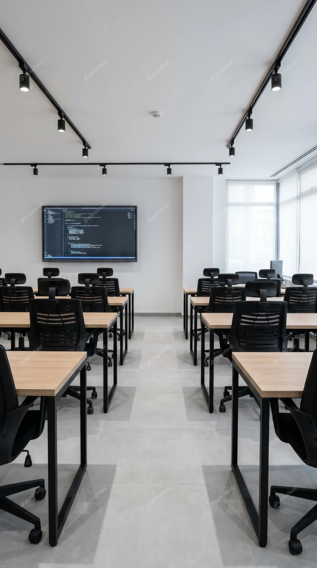 Modern empty classroom with desks and programming screen