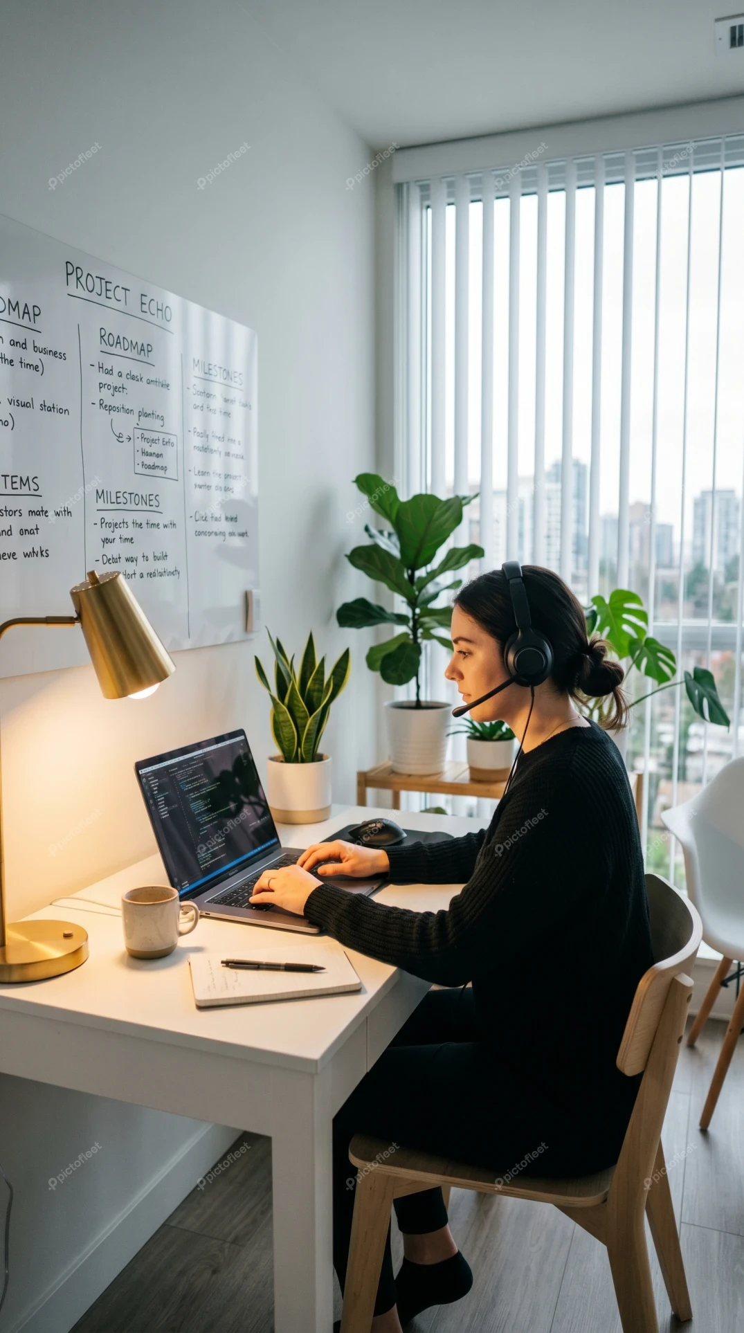 Professional woman working on laptop with headset at home