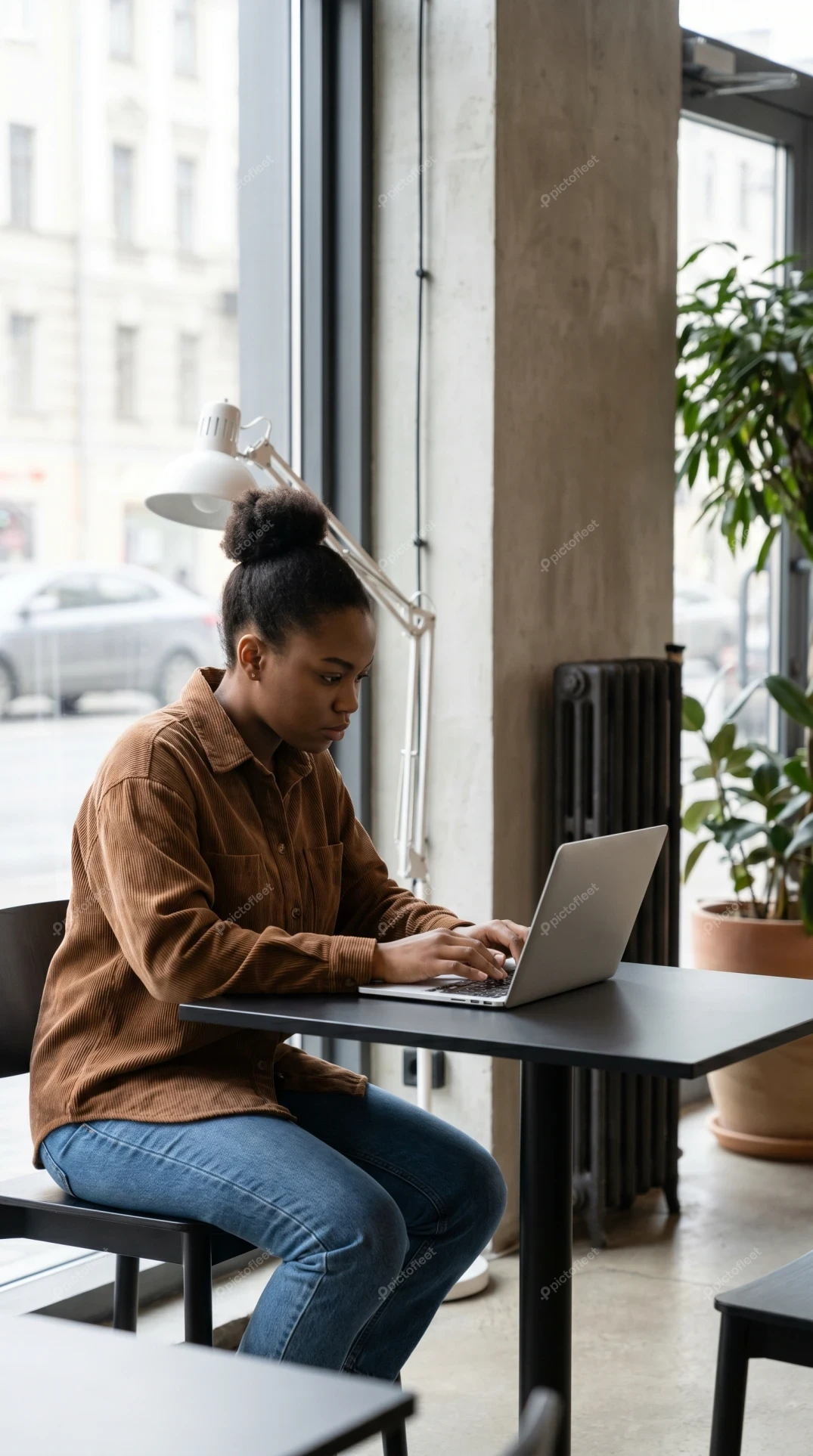 Young Black woman working on laptop in modern cafe