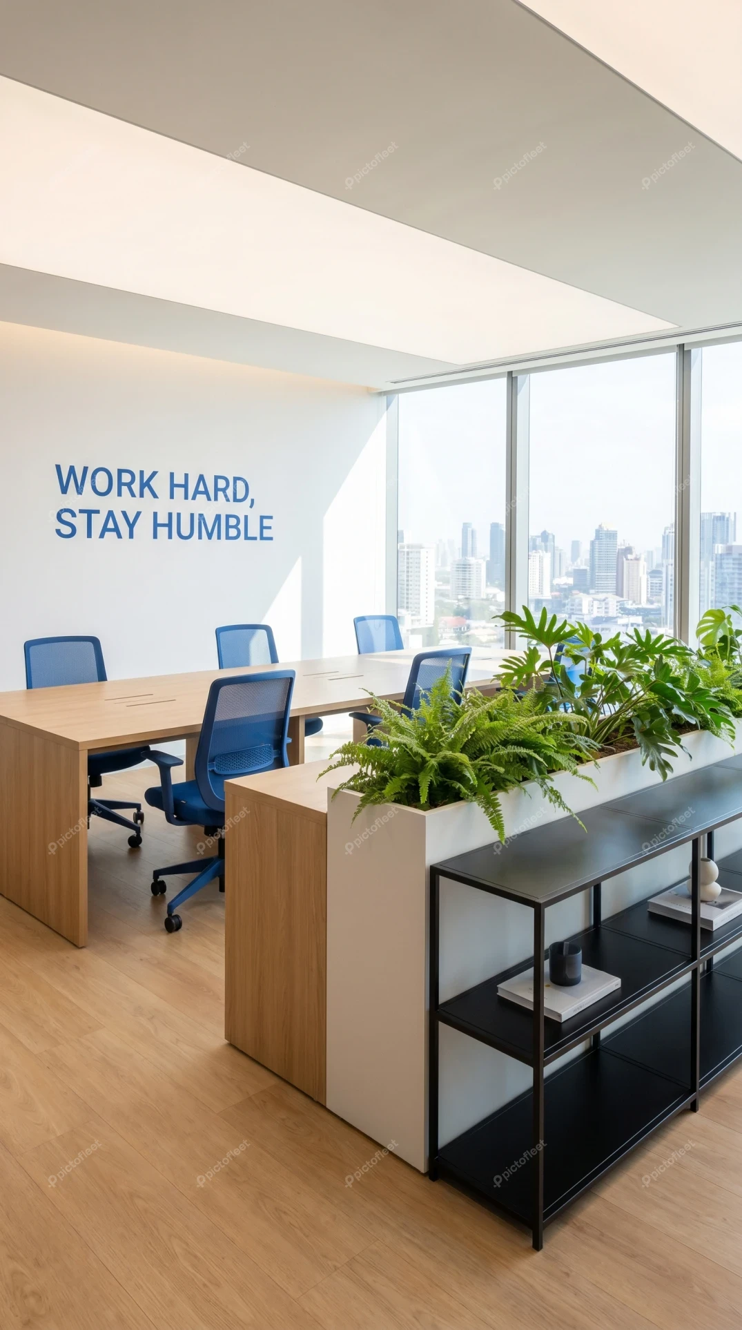 Modern office interior with motivational wall quote and city view