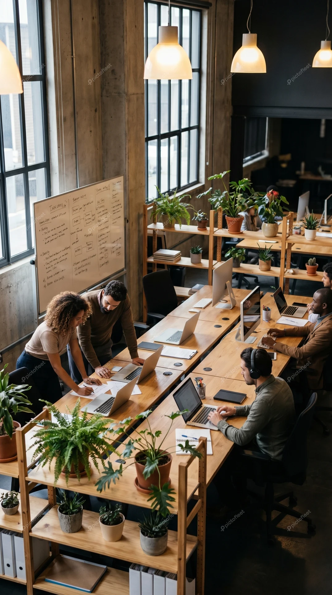 Diverse creative team working in a modern coworking office space