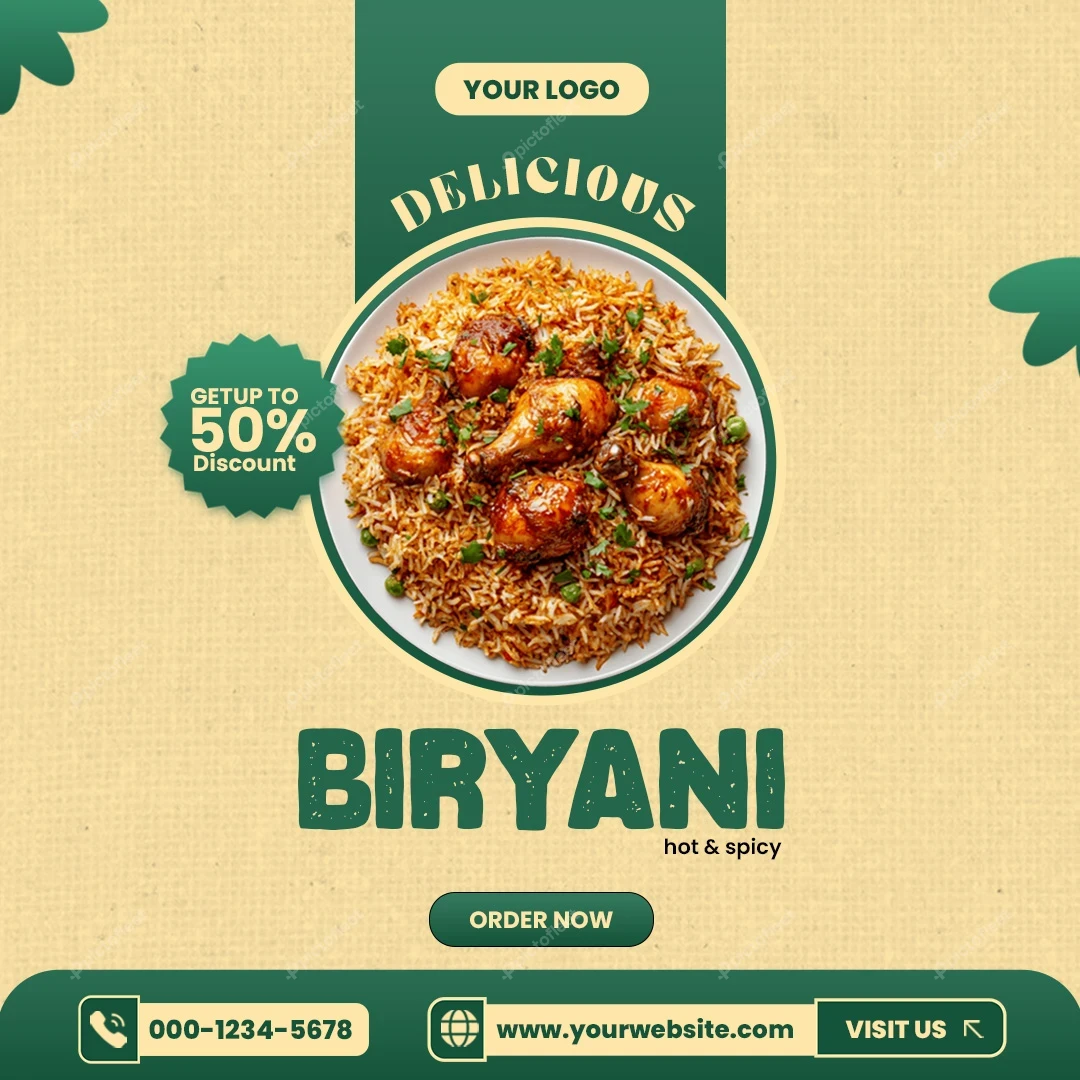 Spicy chicken biryani promotional social media post banner template