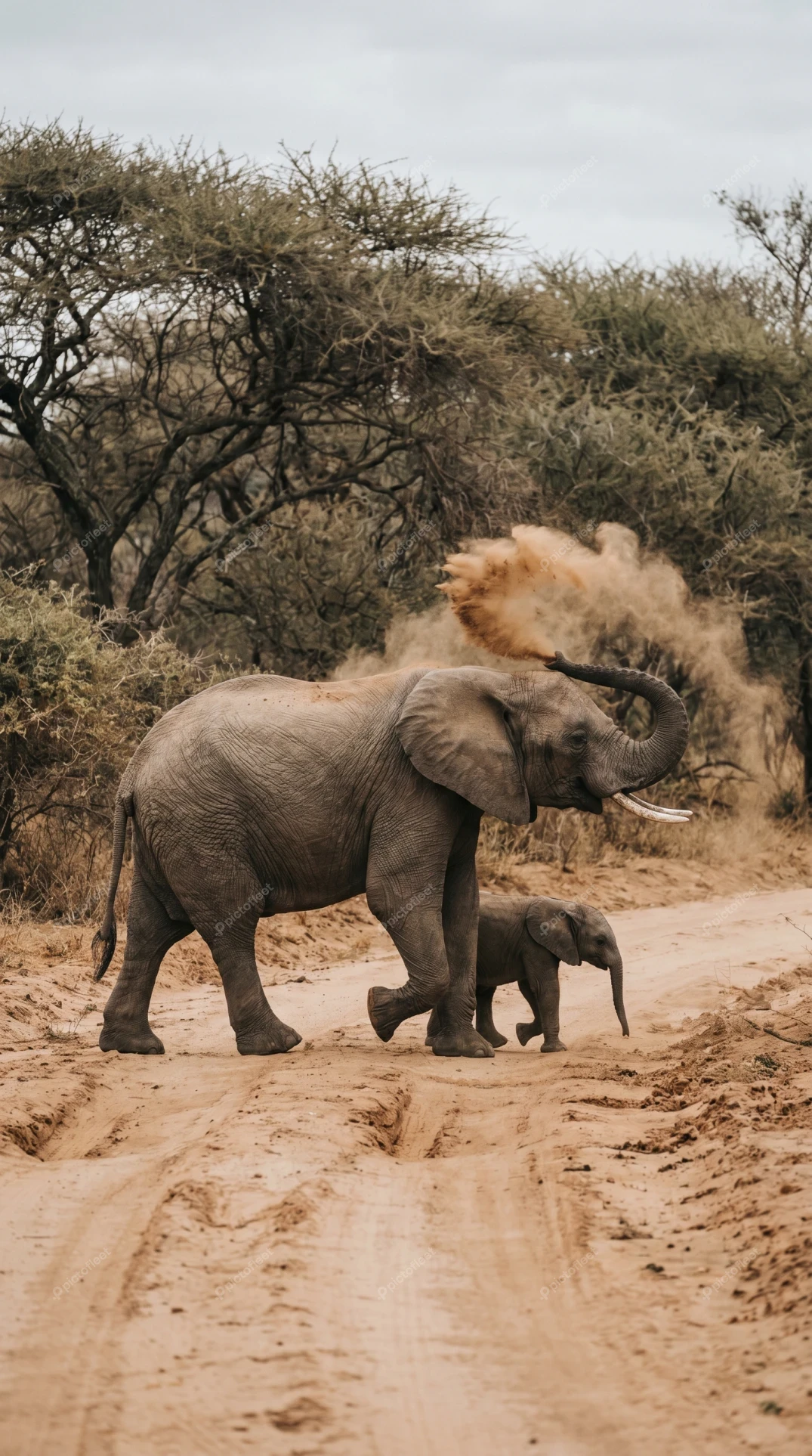 African elephant and calf walking on dirt road throwing dust