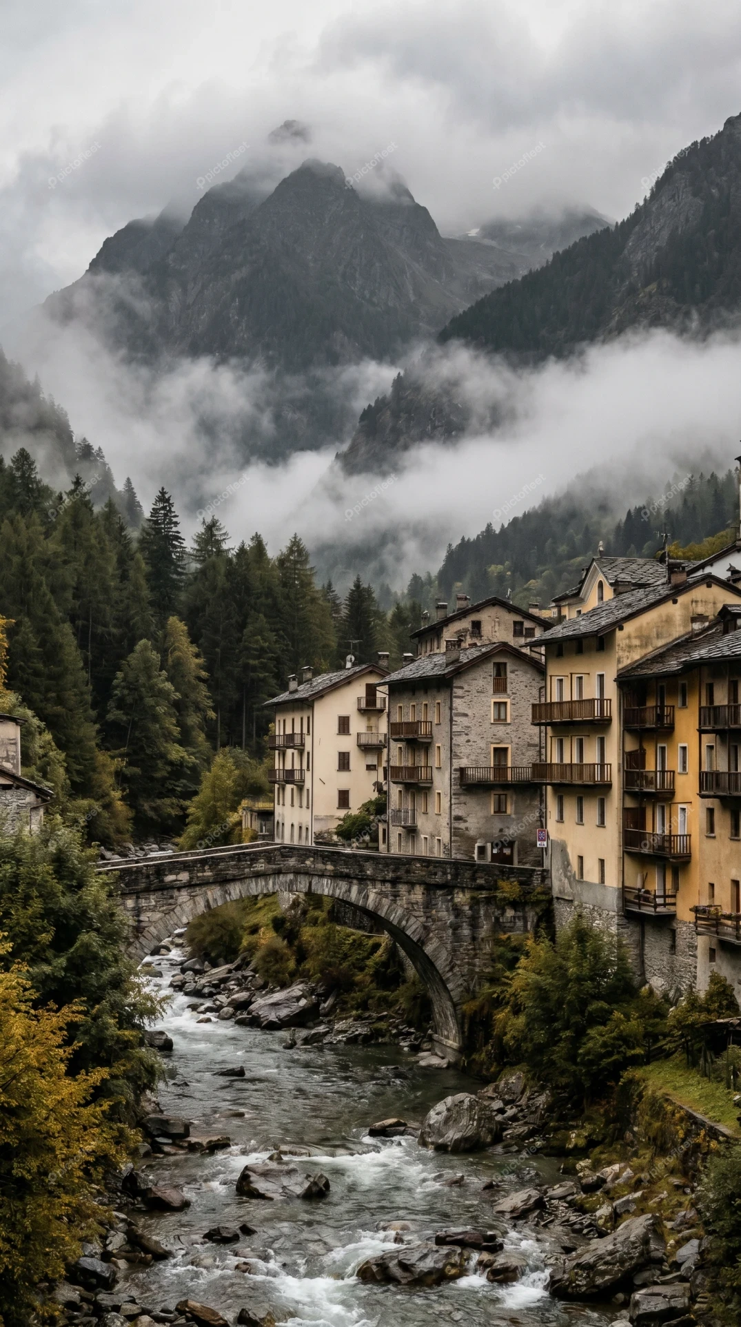 Moody mountain village with stone bridge over river in fog