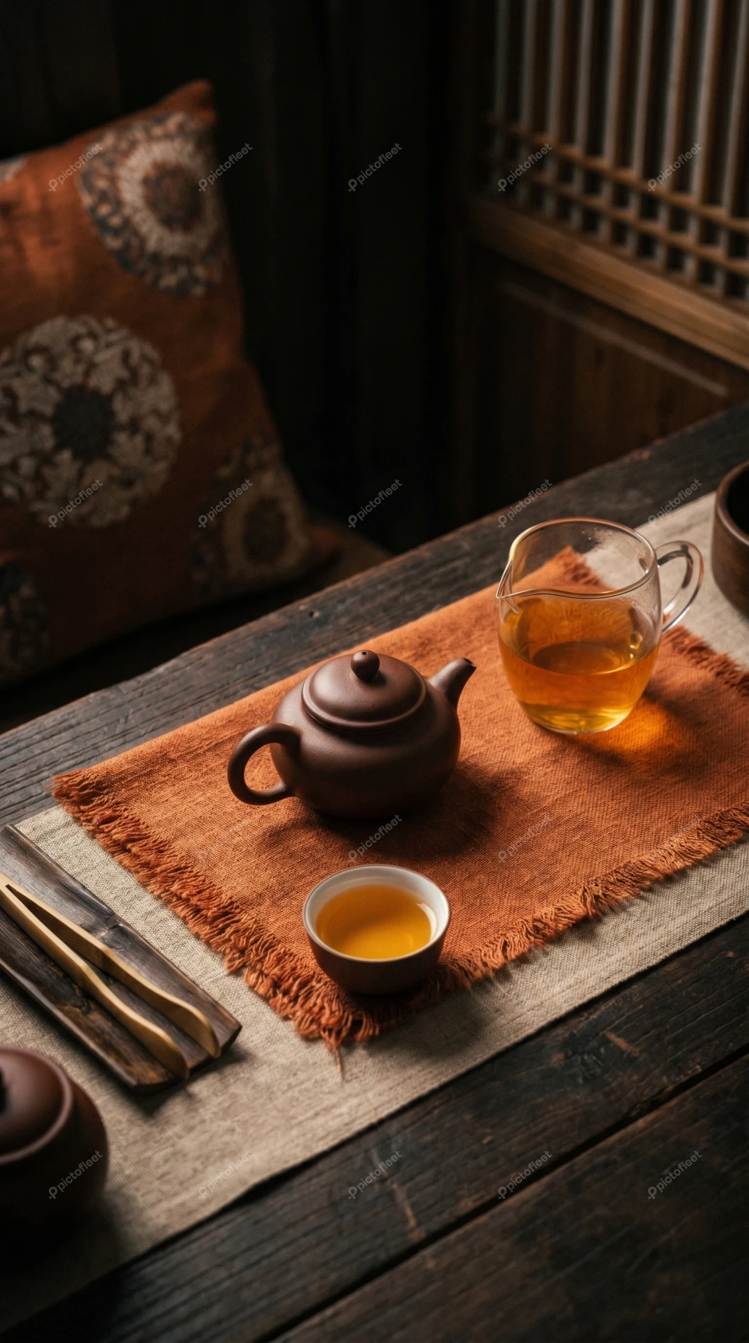 Traditional clay teapot and tea cup on wooden table