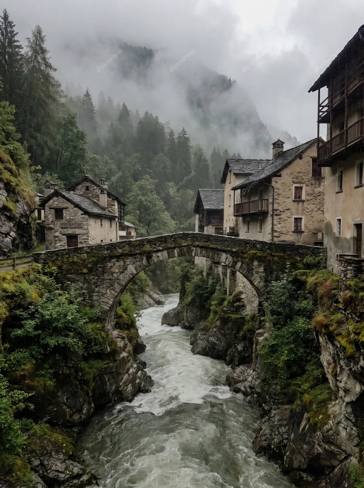 Old stone bridge over a river in a misty mountain village