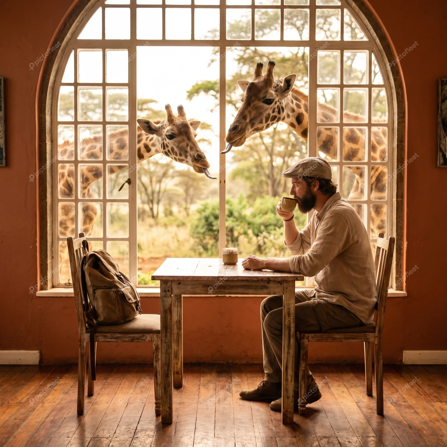 Traveler drinking coffee with giraffes in an African safari lodge